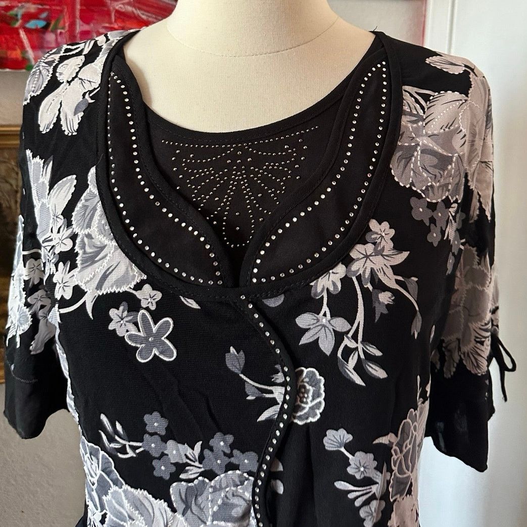 Other design works blakc white floral design blouse Size L / US 10 / IT 46 - 2 Thumbnail