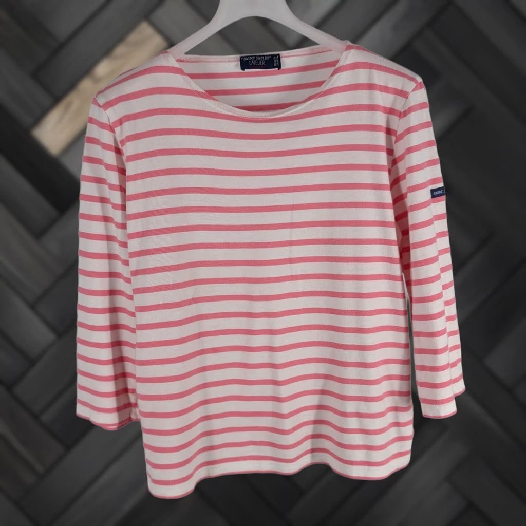 Vintage Saint James L'atelier Breton Stripe Shirt Pink White Cotton 3/4 Sleeve France 10 Womens, Women's