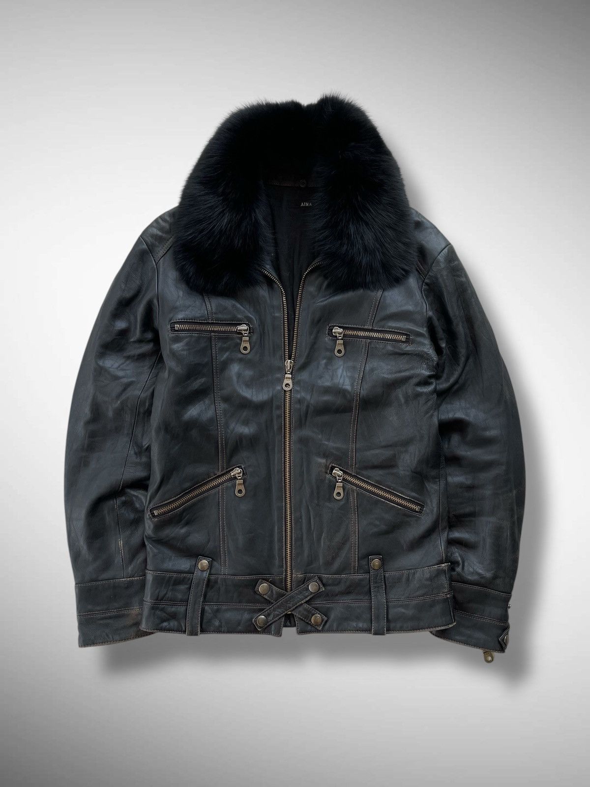 KMRii 🔥VINTAGE 2000'S AIMA FUR COLLARED BLACK BIKER LEATHER JACKET Size US M / EU 48-50 / 2 - 3 Thumbnail