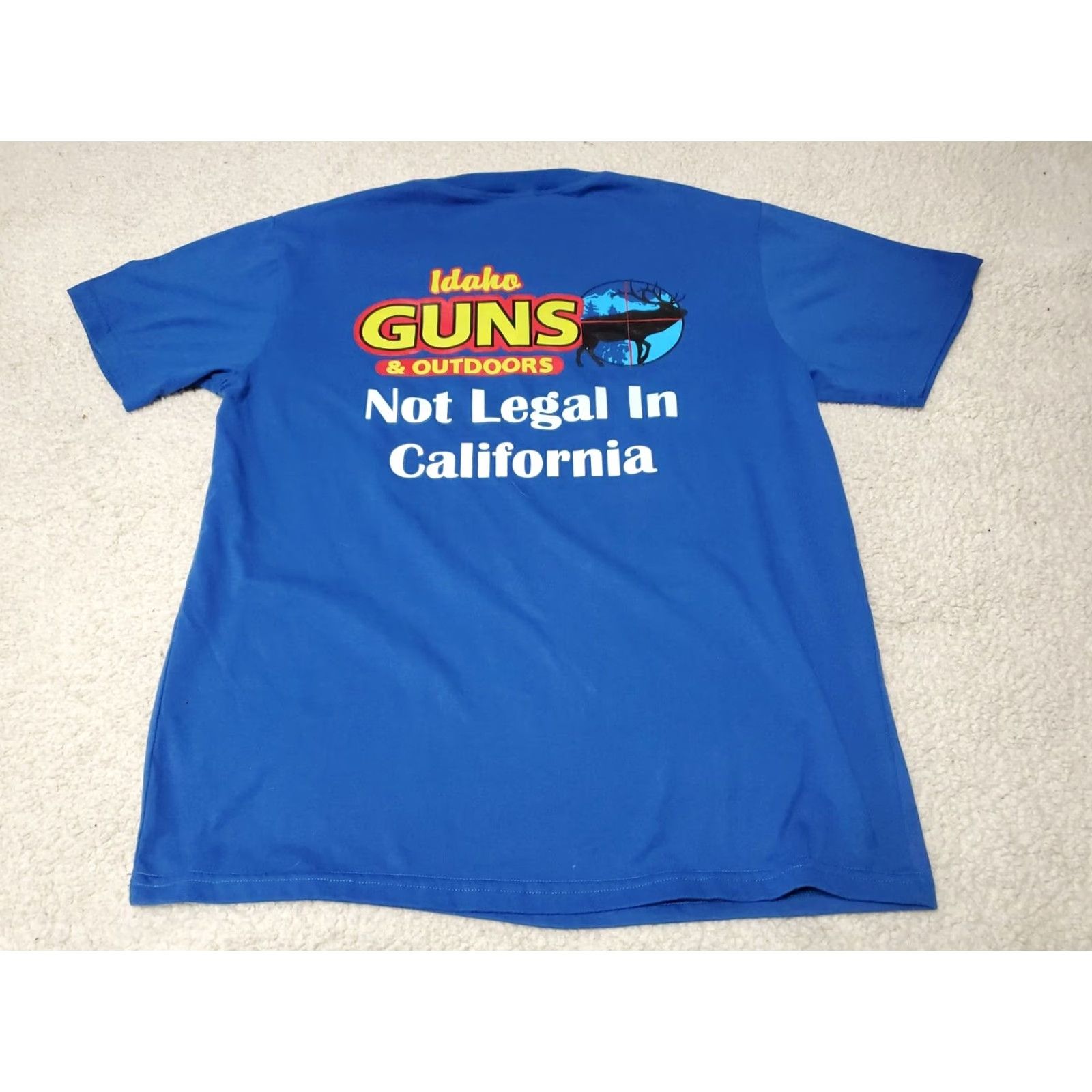 Vintage Idaho Guns & Outdoors "Not Legal in California" Blue T-Shirt SZ M Size US M / EU 48-50 / 2 - 4 Thumbnail