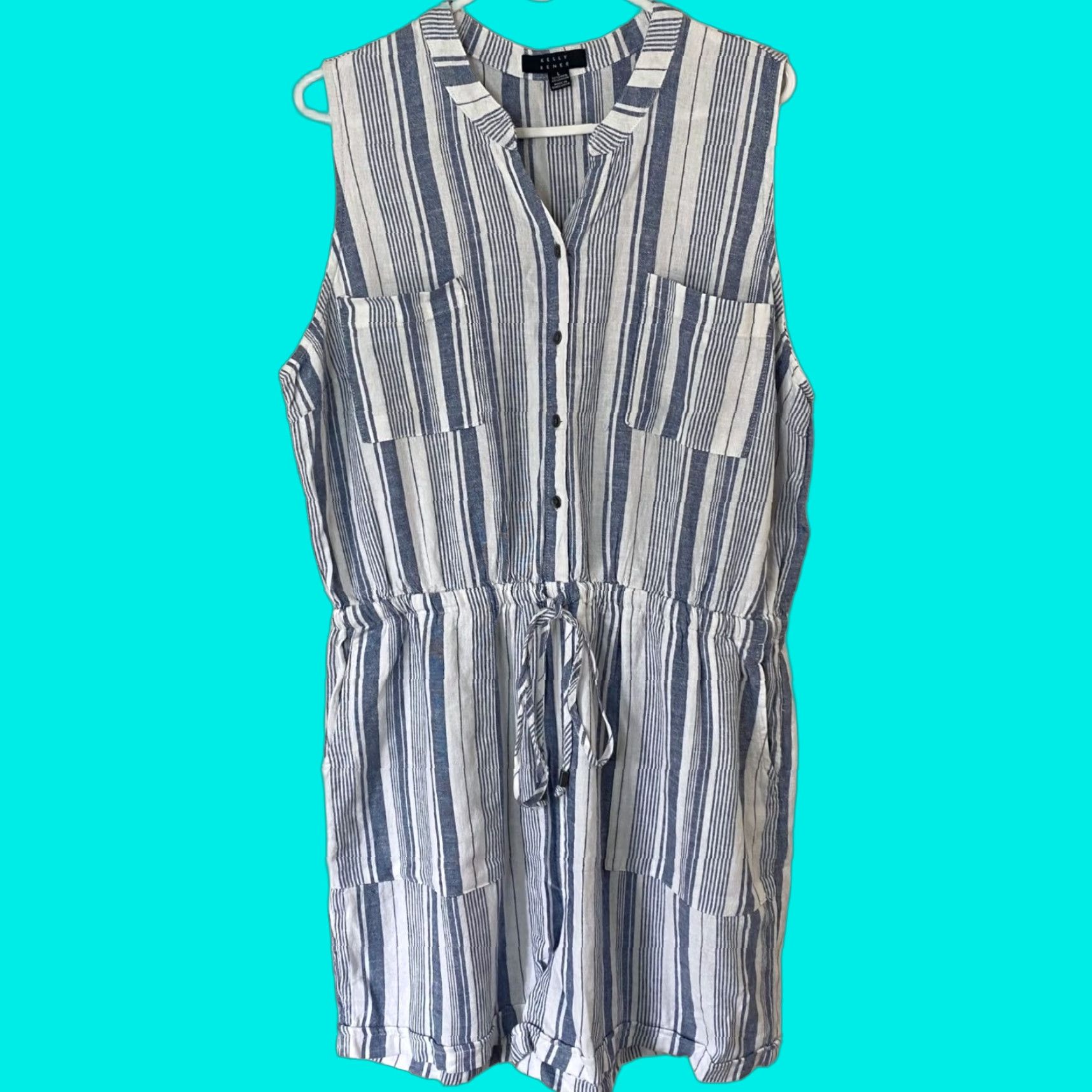 Vintage Kelly Renee Sleeveless Linen Blend Romper Blue White Pockets Women's Large Size 36" / US 14 / IT 50 - 1 Thumbnail