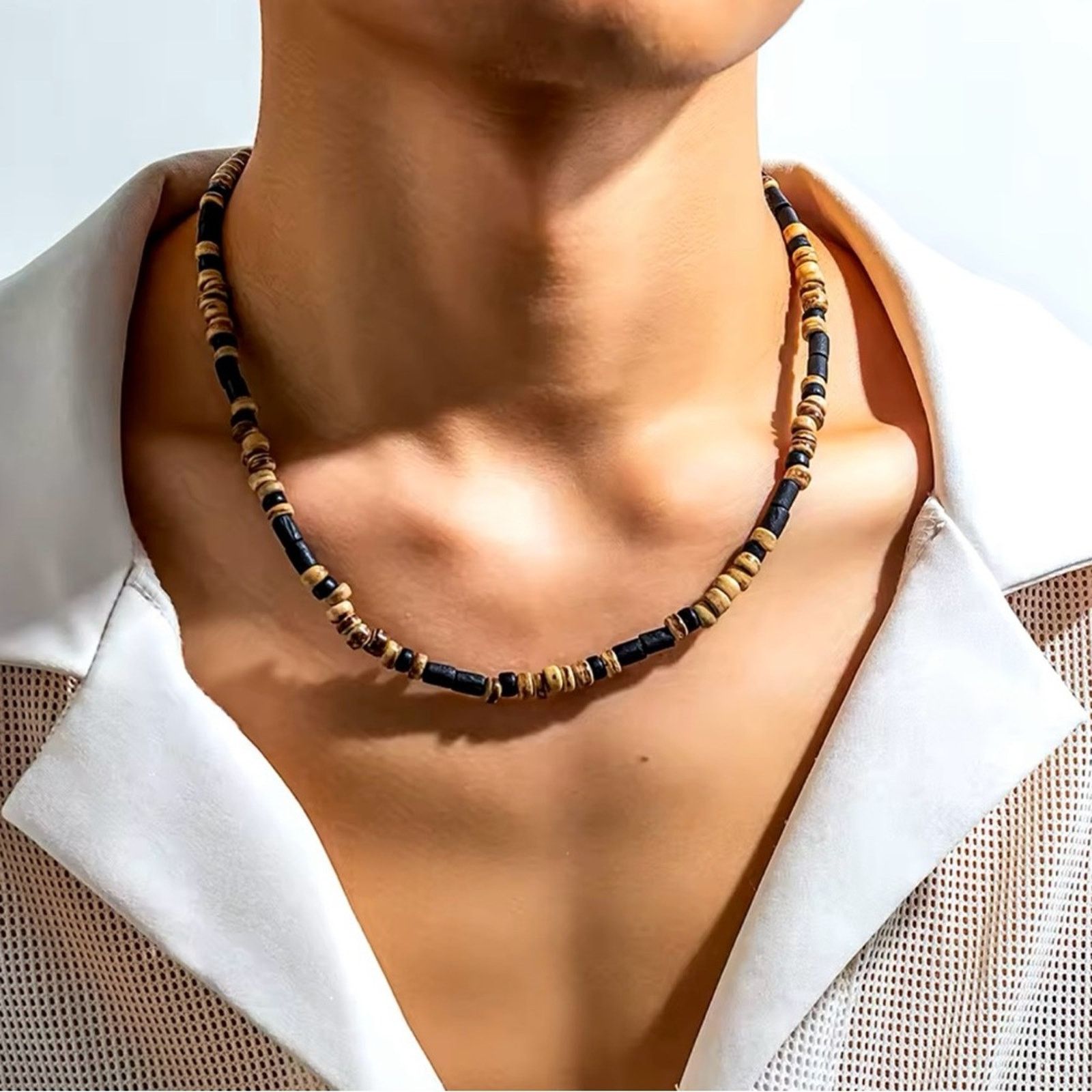Other Brown and Black Small Beaded Chain Necklace Men Trendy Wood Size ONE SIZE - 1 Thumbnail