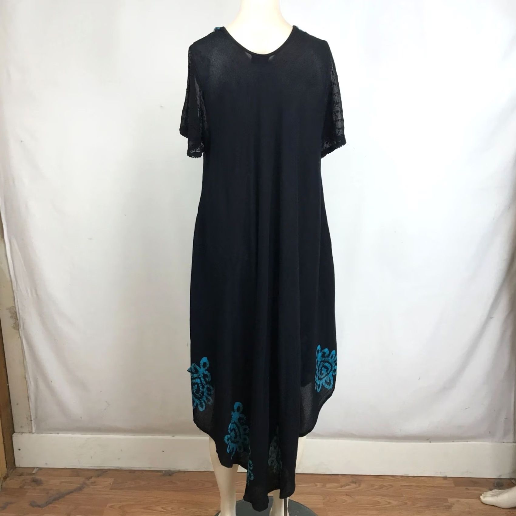 Vintage VINTAGE Sakkas WOMEN'S One Size SHORT SLEEVE BOHO DRESS Black Turquoise Midi Sundress Womens OS Dresses Size 42" / US 20 - 5 Thumbnail