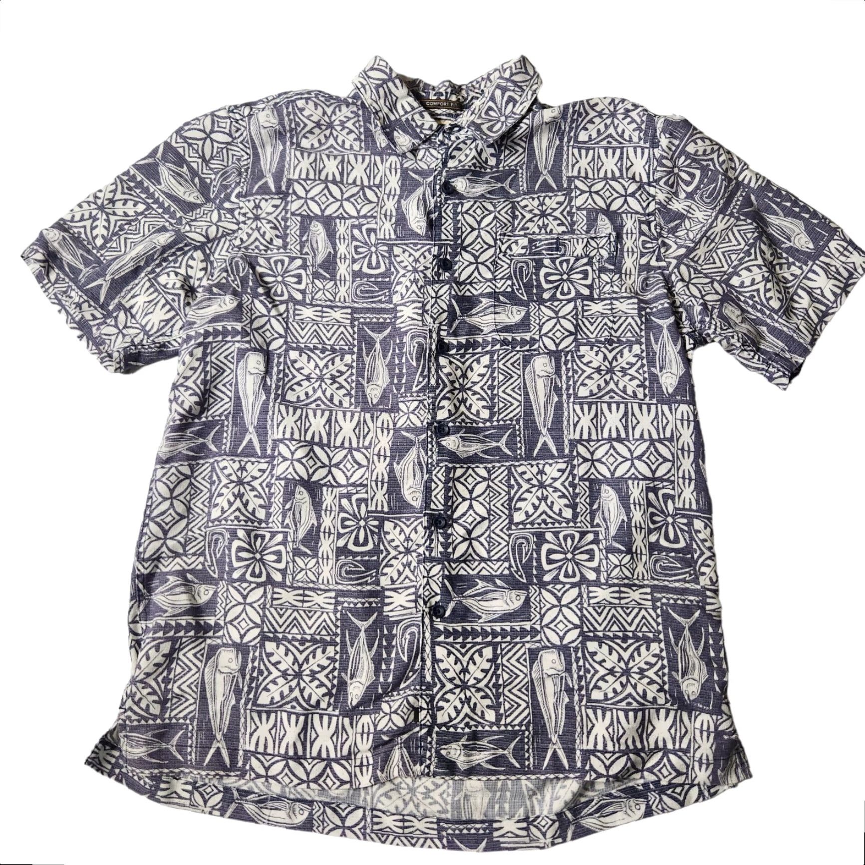 Quiksilver Quicksilver Waterman Button-Down Short Sleeve Shirt M Fish Print Blue Polyester Blend Men's Shirt Size US M / EU 48-50 / 2 - 2 Thumbnail