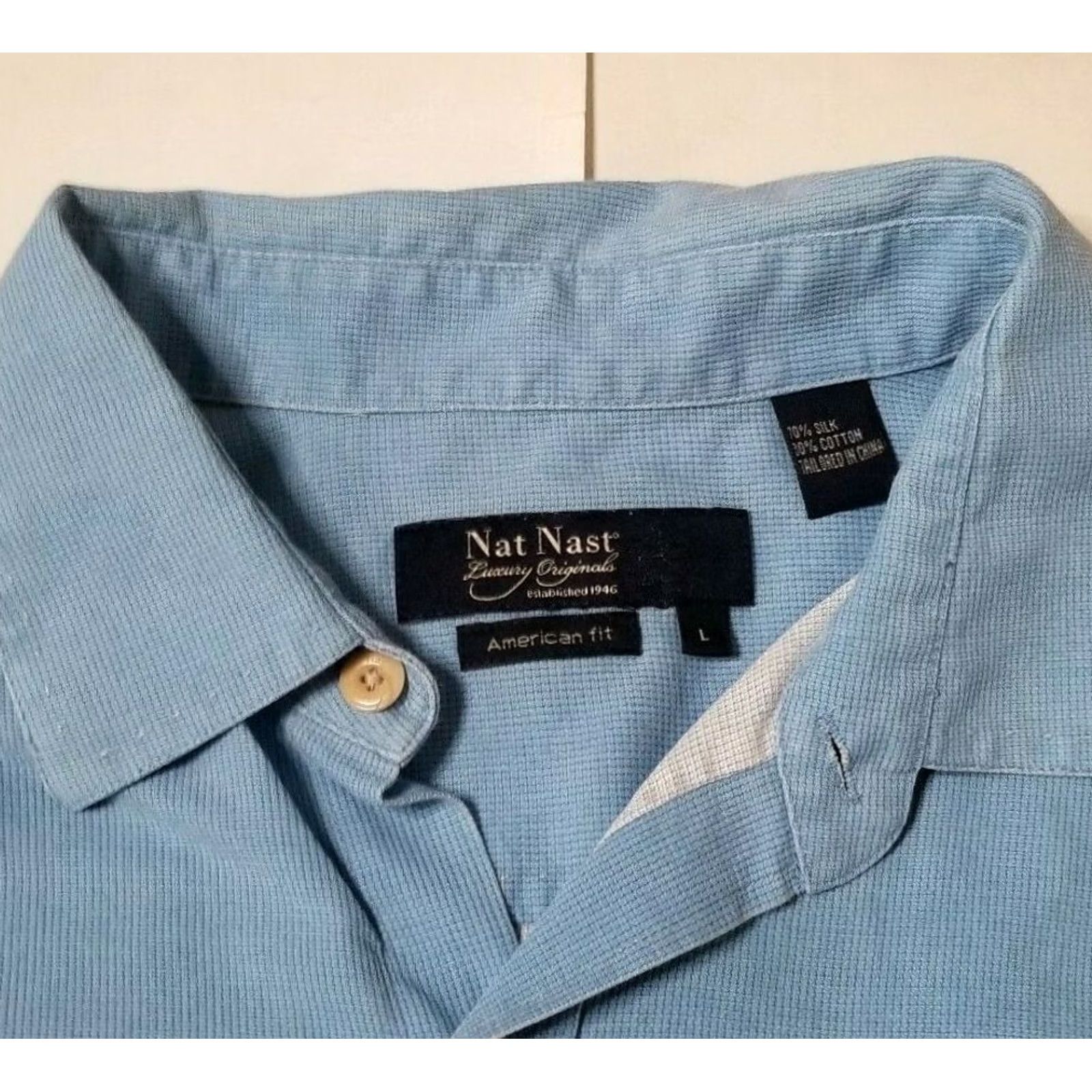 Nat Nast Nat Nast Mens L Silk Cotton Blend Button Front Shirt Blue Breathable Flaws Size US L / EU 52-54 / 3 - 7 Thumbnail