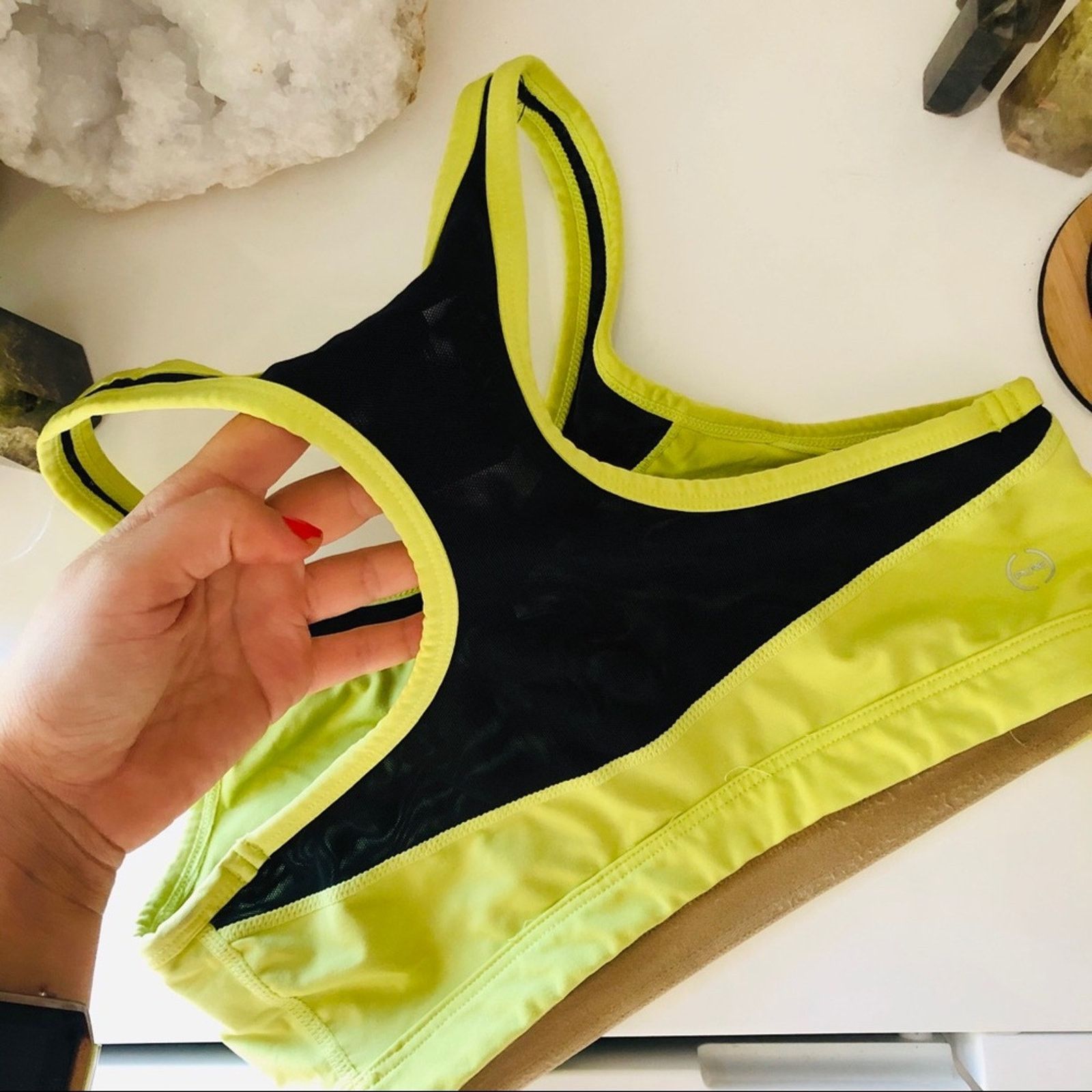 Free People PURE Yellow Black Mesh Inset Ruched Front Sports Bra Crop Size S / US 4 / IT 40 - 6 Thumbnail