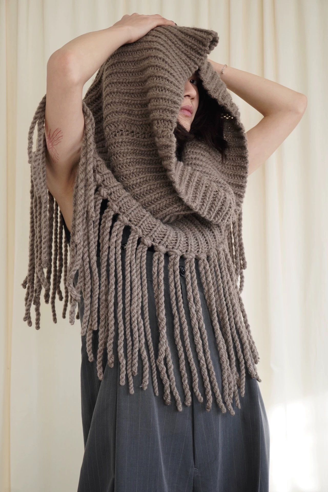 Other zooSelect Hand Knit Cowl Fringes Wool Nylon Walnut Brown Size ONE SIZE - 5 Thumbnail