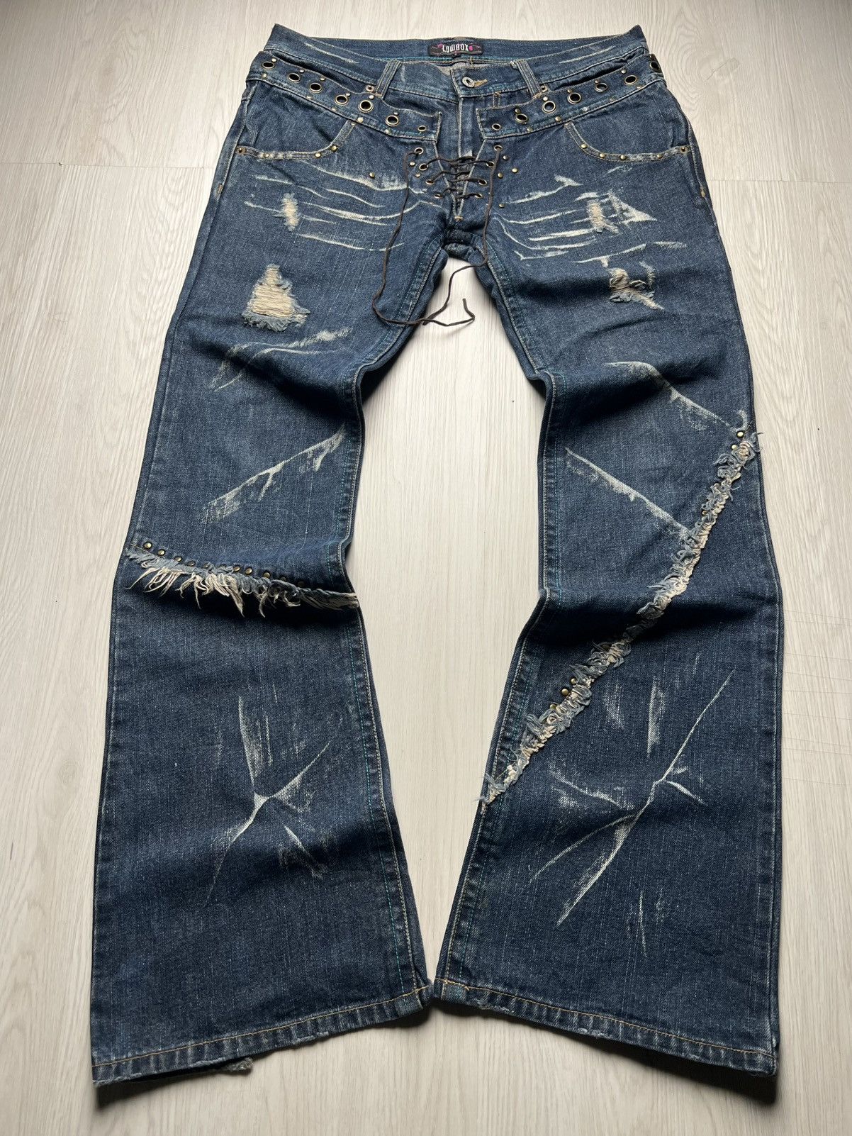 If Six Was Nine Lowbox Double Waist Eyelet Lace Up Flared Denim Size US 33 - 1 Thumbnail