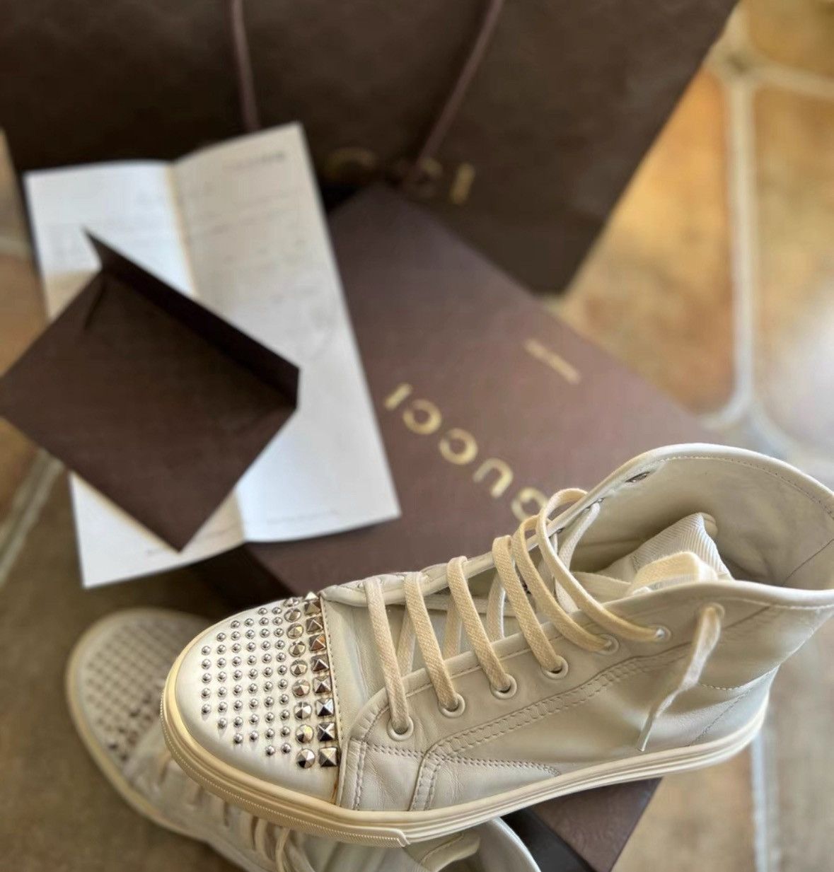 Gucci Gucci White Round Toe Studded High-Top Sneakers Size US 5.5 / IT 35.5 - 2 Thumbnail