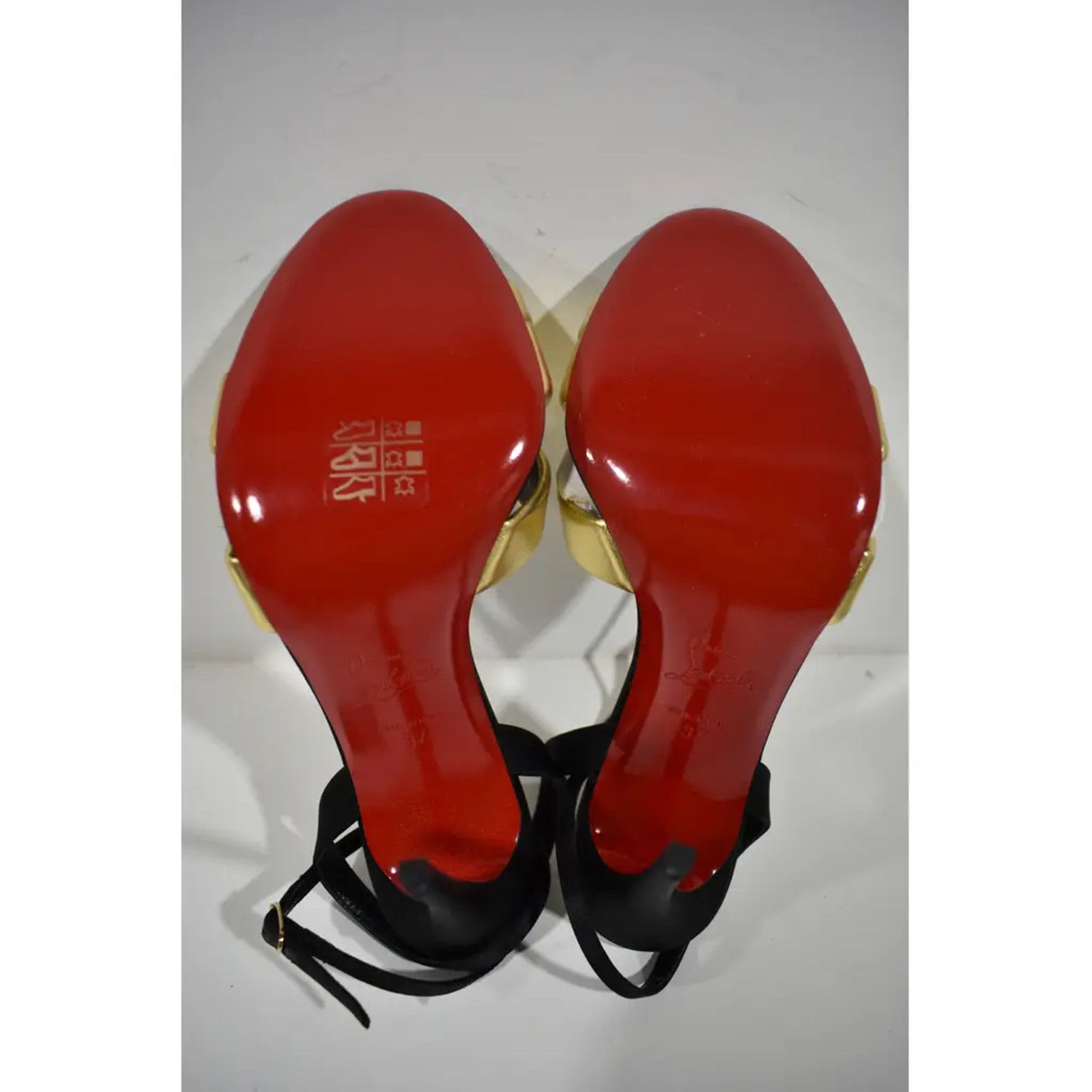 Christian Louboutin Just Me 100 Black Gold Sandal Ankle Strap Open Heel Pump 37 Size US 7 / IT 37 - 11 Thumbnail