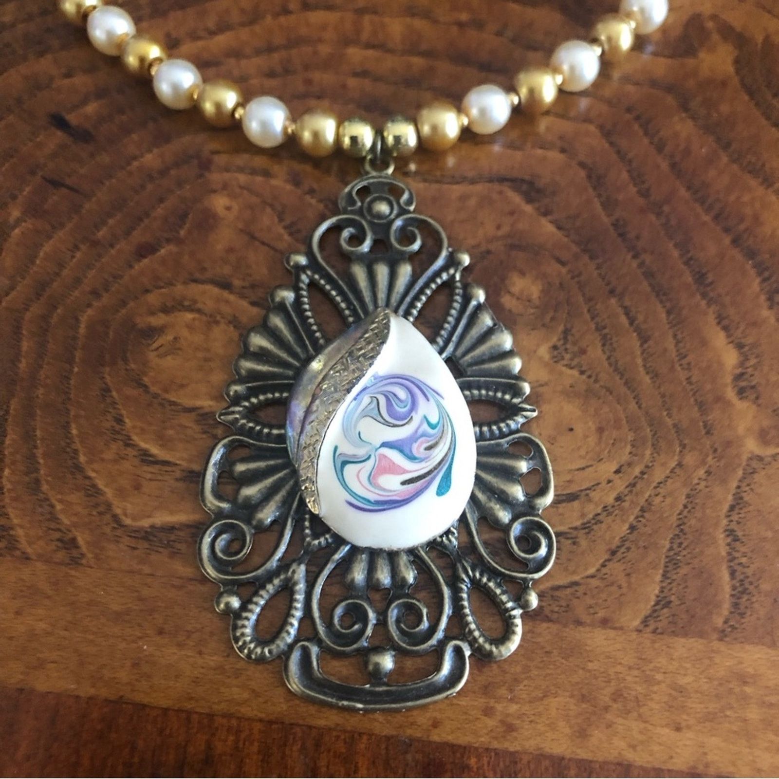 Handmade Handcrafted repurpose teardrop filigree Pearl necklace Size ONE SIZE - 11 Thumbnail