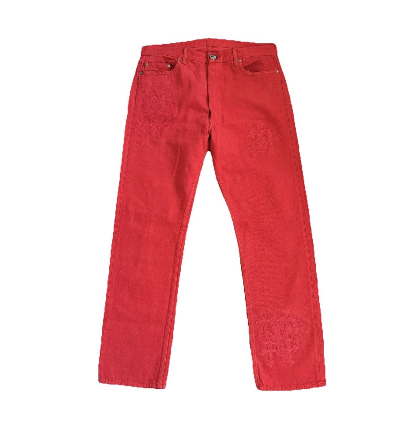 Chrome Hearts LEATHER CROSS SILVER DETAILED RED DYED VINTAGE LEVI ‘S JEANS Size US 34 / EU 50 - 1 Thumbnail