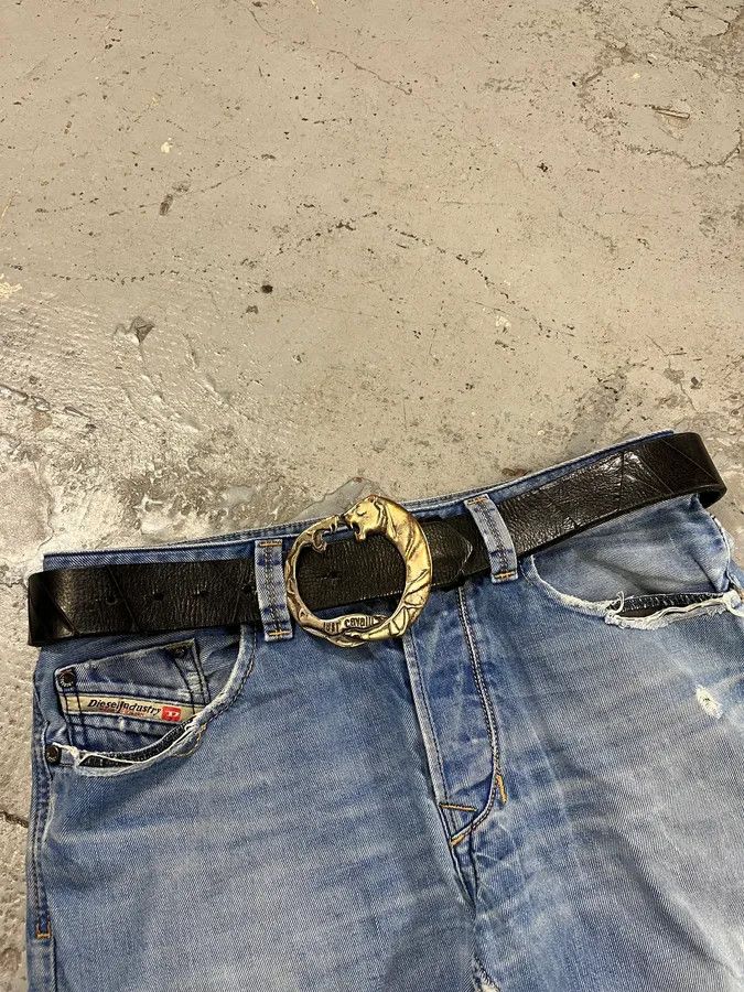 Designer × Just Cavalli × Vintage 2000s Cavalli Snake vs Tiger Buckle Black Leather Belt Size ONE SIZE - 2 Thumbnail