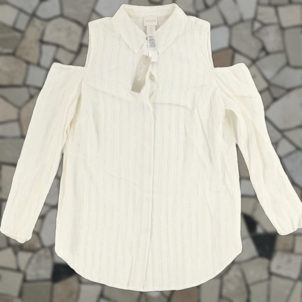 Vintage Chicos Shirt Women Cream Shimmer Strip Cold Shoulder Long Sleeve 0 Size XS / US 0-2 / IT 36-38 - 1 Thumbnail