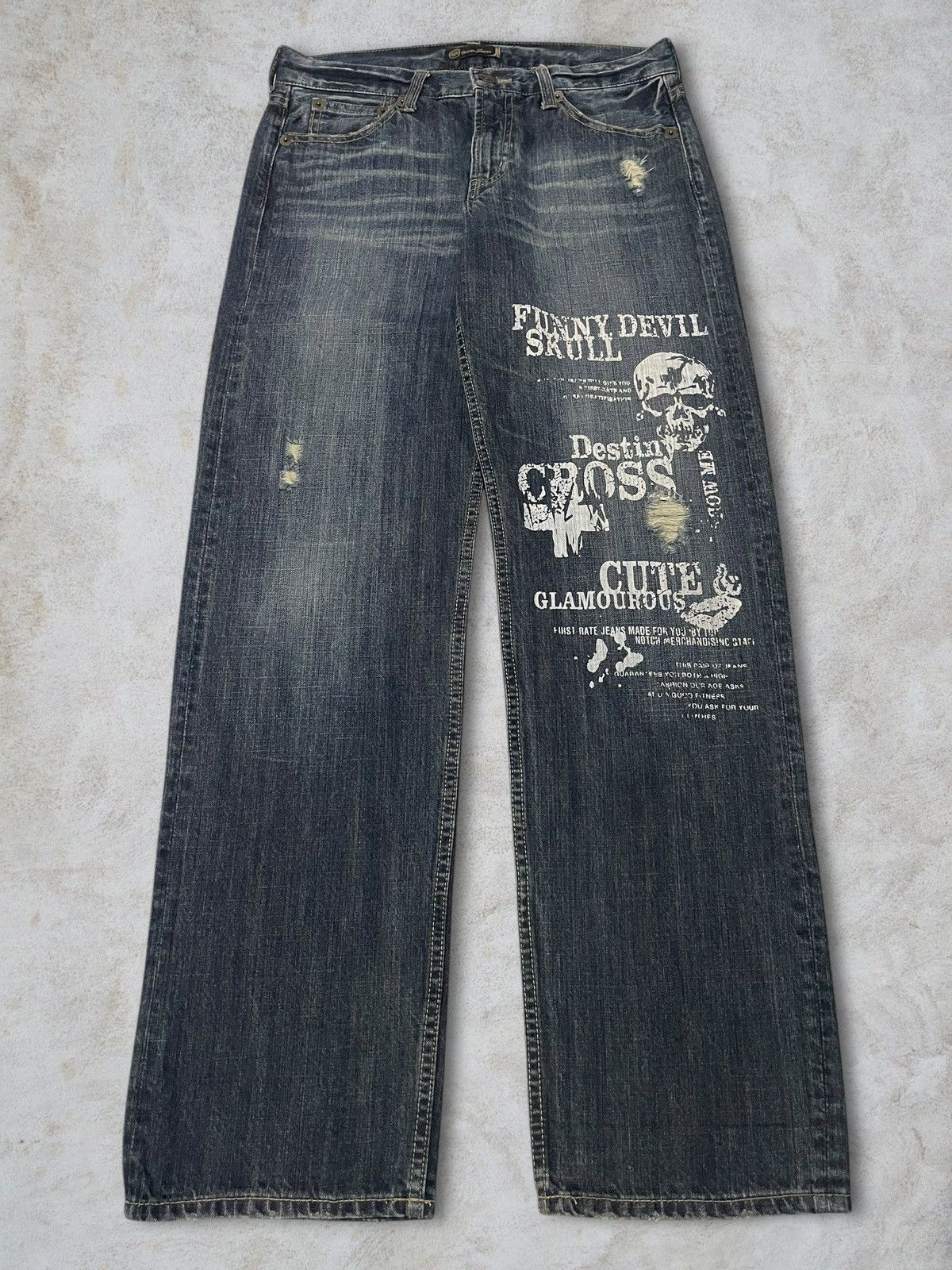 Skull Jeans by an Alchemist Vintage Japanese Skull Cross Printed Distressed Washed Jeans Size US 32 / EU 48 - 1 Thumbnail