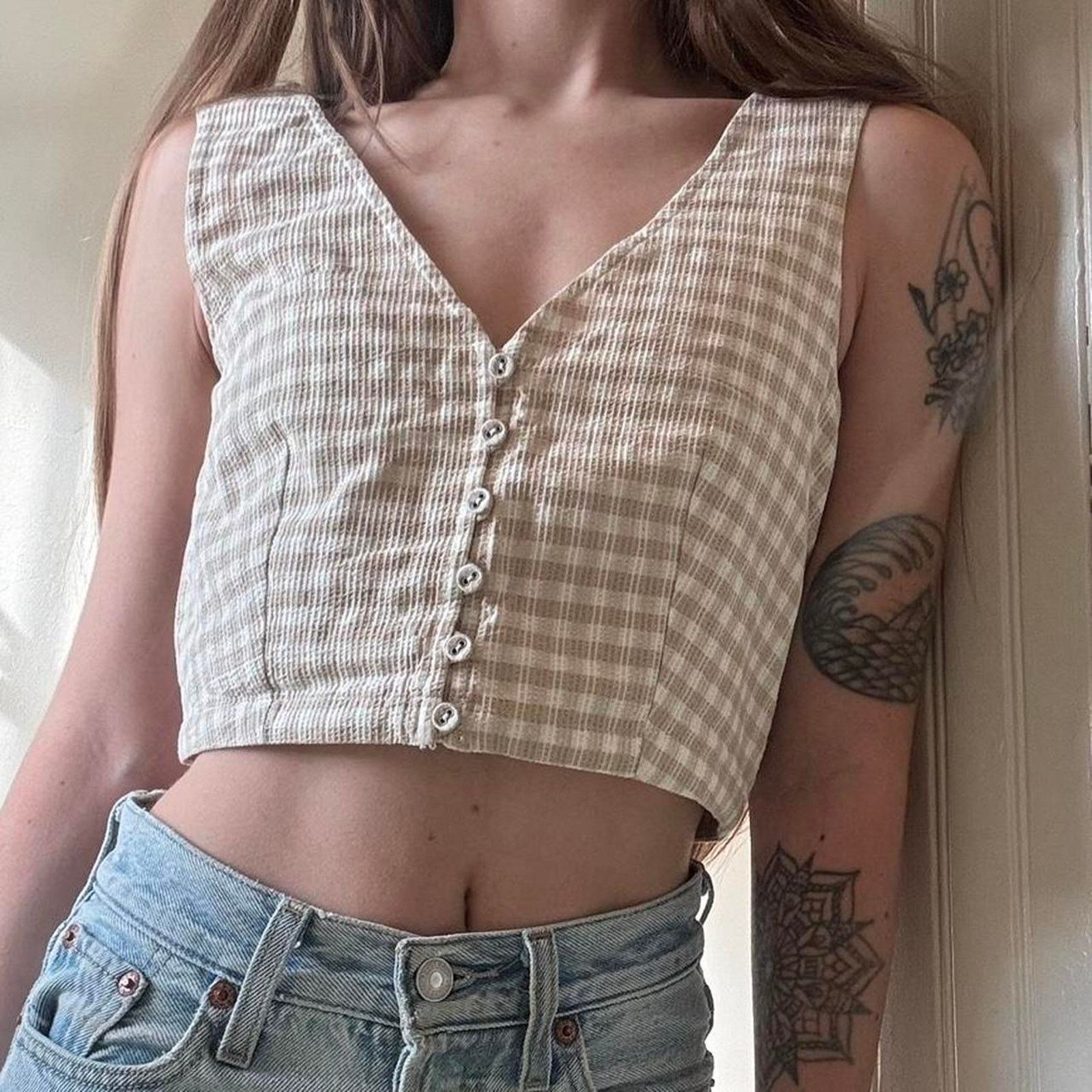 Madewell NWT Madewell Gingham Button Vest Corset Style Crop Top 00 Size XXS / US 00 / IT 34 - 1 Thumbnail