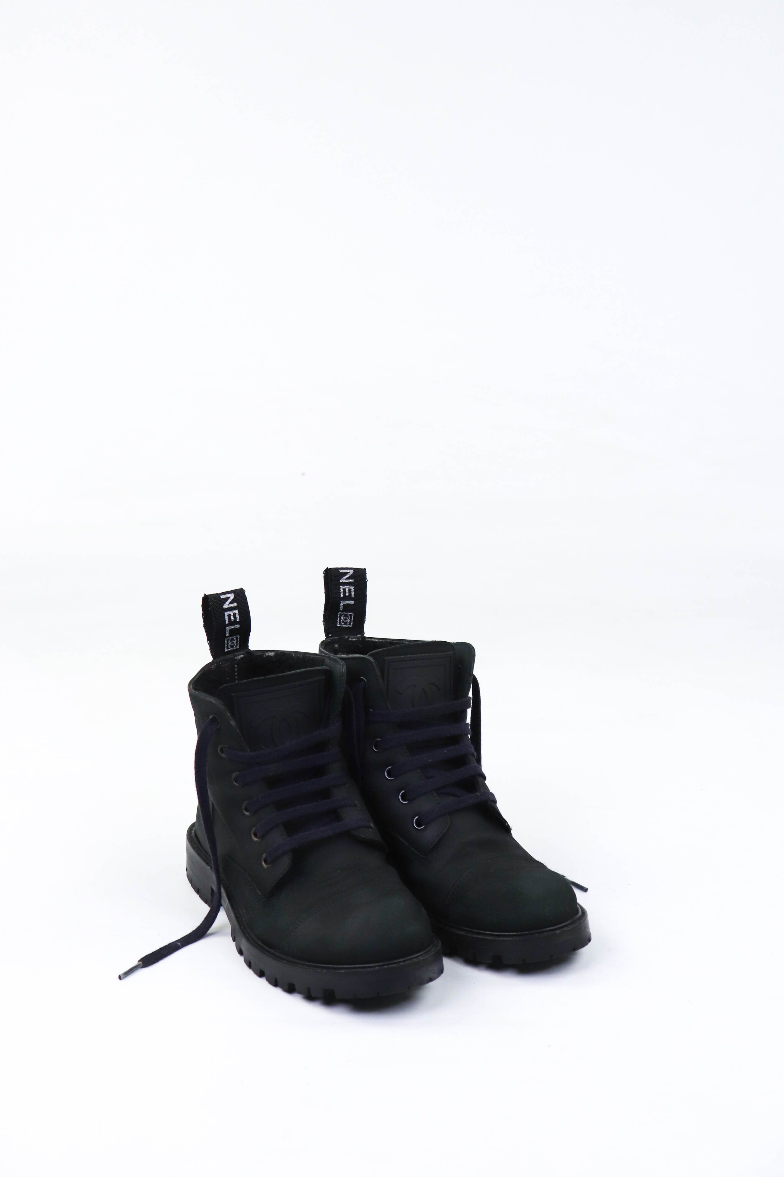 Chanel CHANEL Sport Big Logo Calfskin Suede Lace Up Combat Boots Grailed