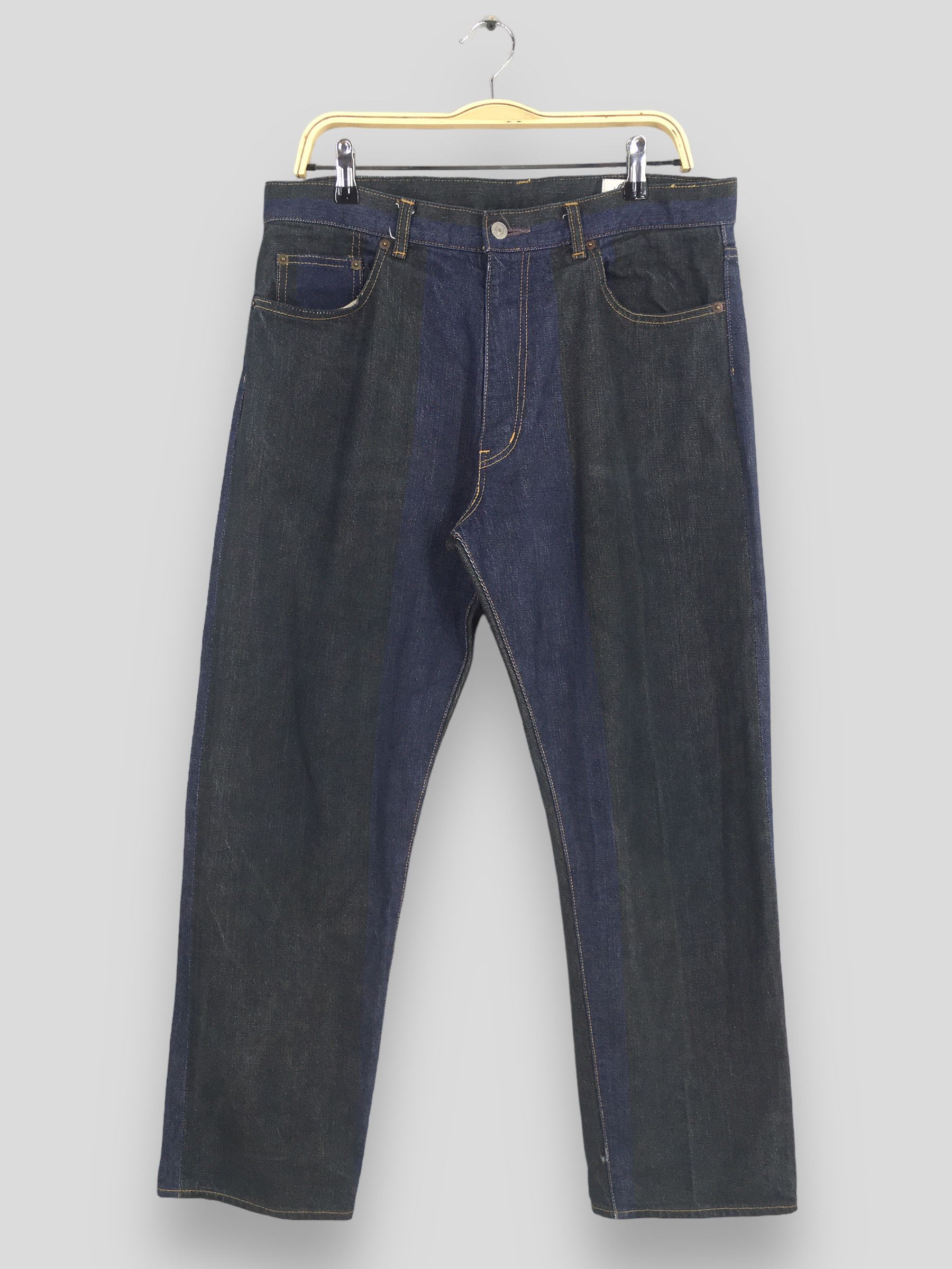 image of Size 32X27.5 Needles Japan Two Tone Denim Straight Cut Jeans in Black/Blue, Men's