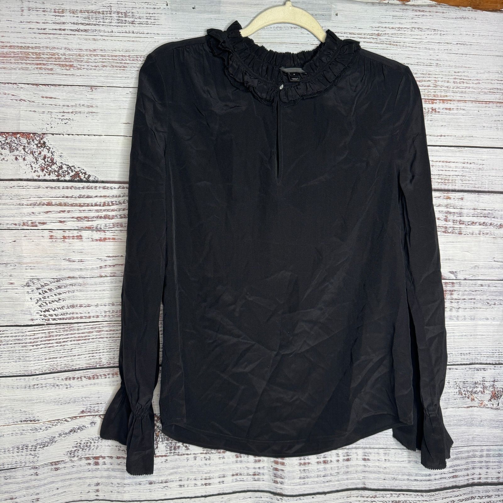 J.Crew J.Crew Black 100% Silk Ruffle Mock Neck Blouse Long Sleeve 8 Size M / US 6-8 / IT 42-44 - 2 Thumbnail