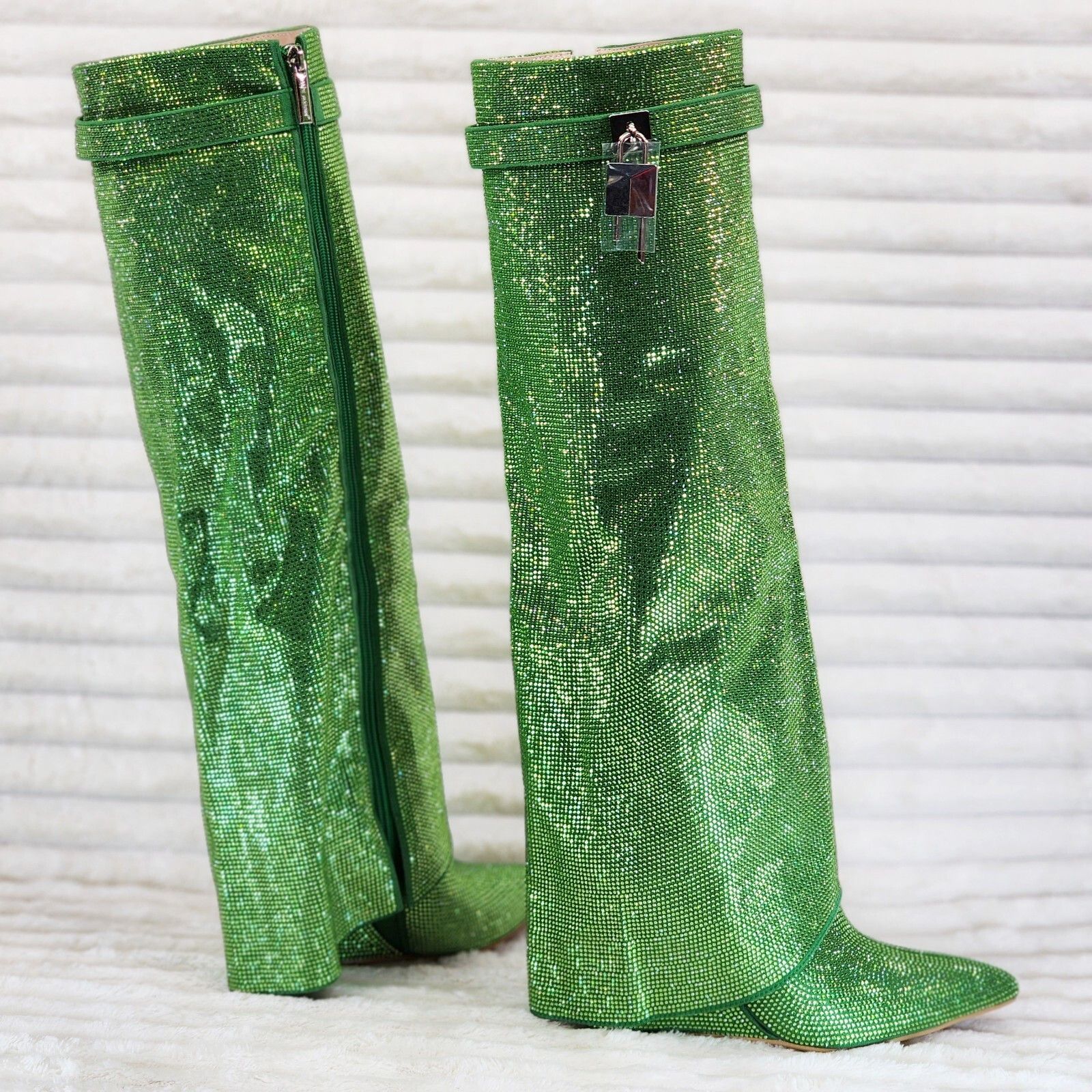 Other Super Sparkle Sharky Skirted Fold Over Wedge Heel Knee Boots Size US 8.5 / IT 38.5 - 5 Thumbnail