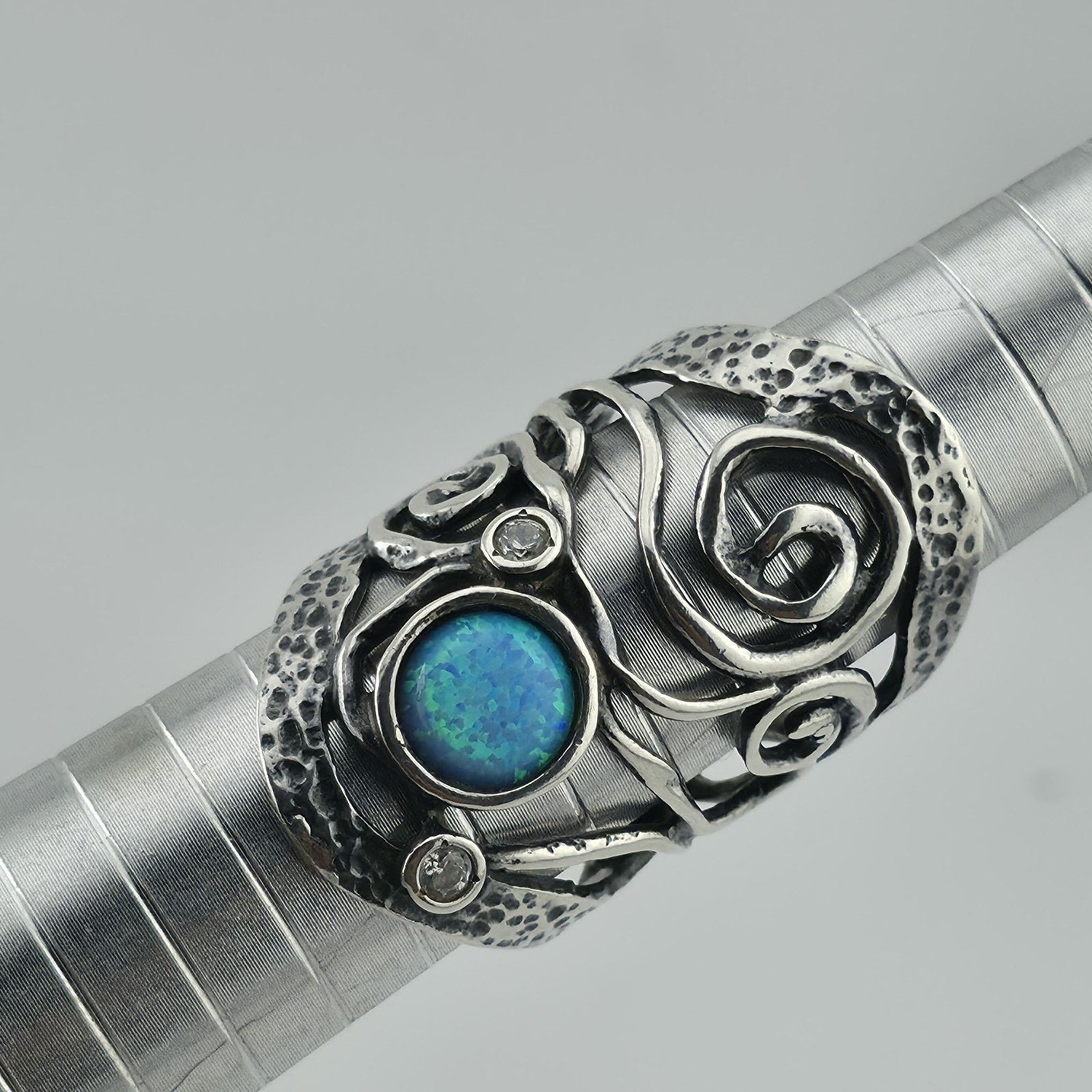 Other Israel Sterling Silver Ring 8 Blue Opal Wide Band Abstract Size ONE SIZE - 8 Thumbnail