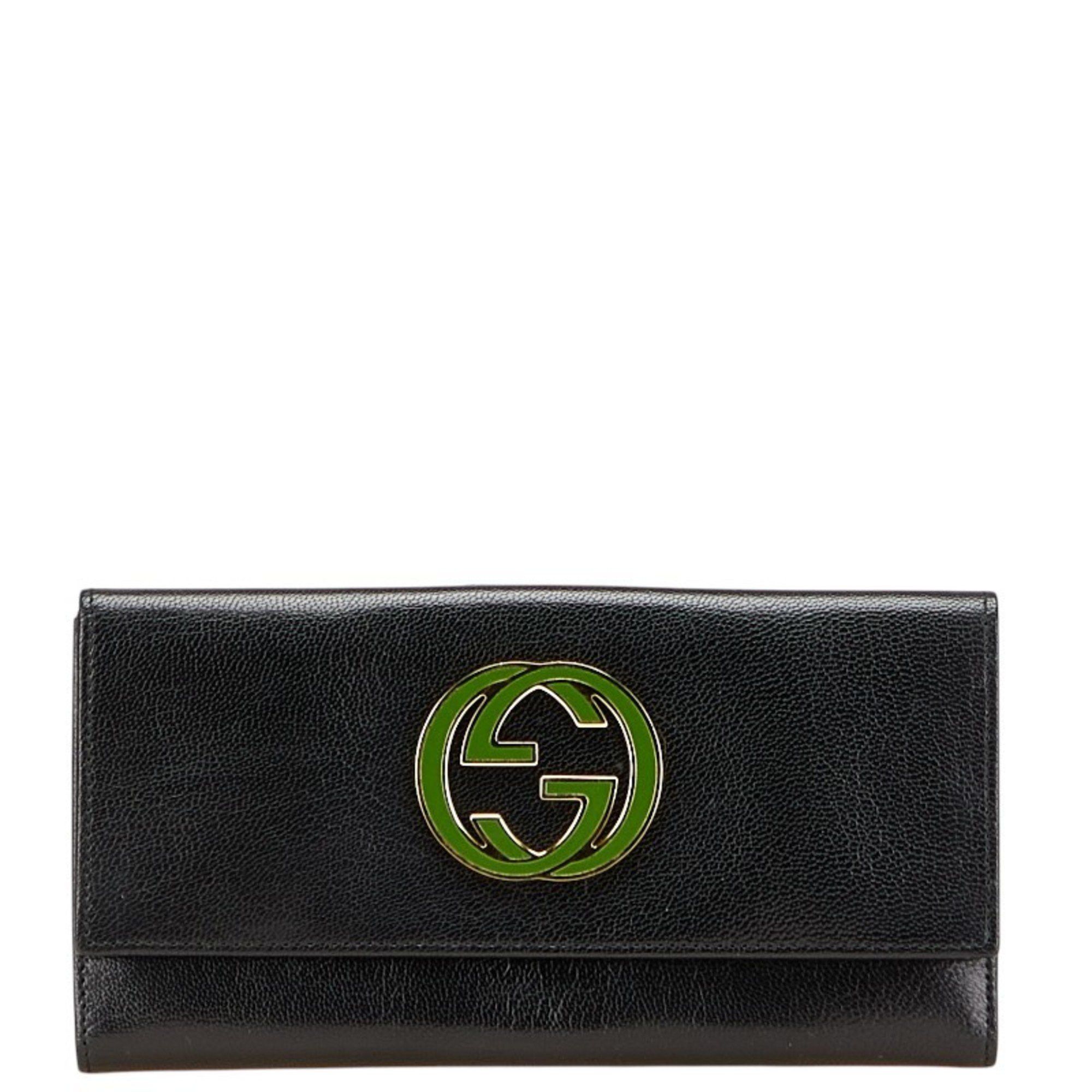 Gucci Interlocking G Long Wallet 131864 Black Green Leather Women's GUCCI