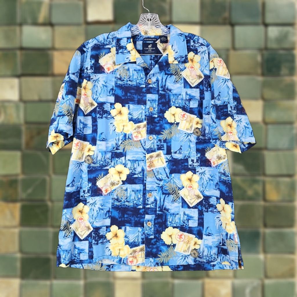Vintage VINTAGE Caribbean Joe Hawaiian Floral Button-Up Shirt Mens Size L Blue 100% Silk Short Sleeve Size US 33 - 1 Thumbnail