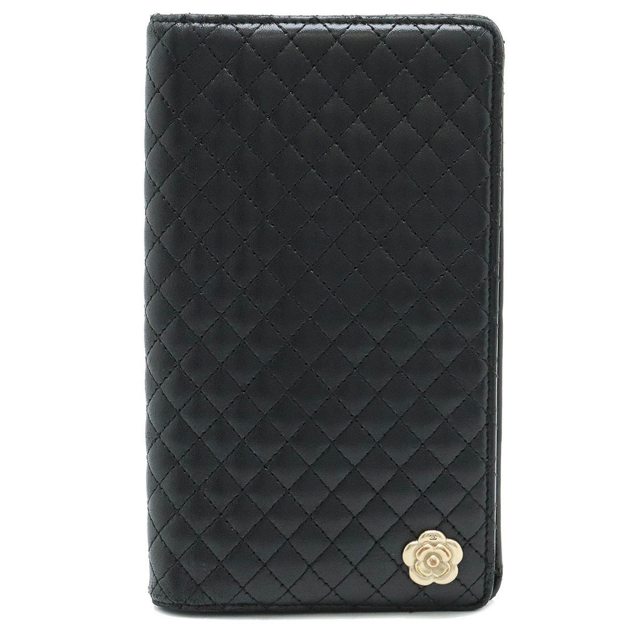 image of Chanel Micro Matelasse Camellia Motif Bi-Fold Long Wallet Lambskin Leather Black, Women's