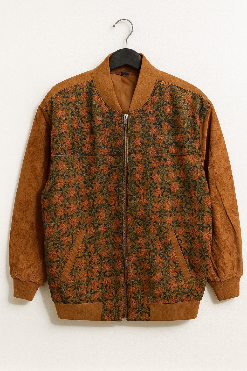 Vintage Vintage Floral Bomber Jacket – Brown Faux Suede Sleeves Size US L / EU 52-54 / 3 - 1 Thumbnail