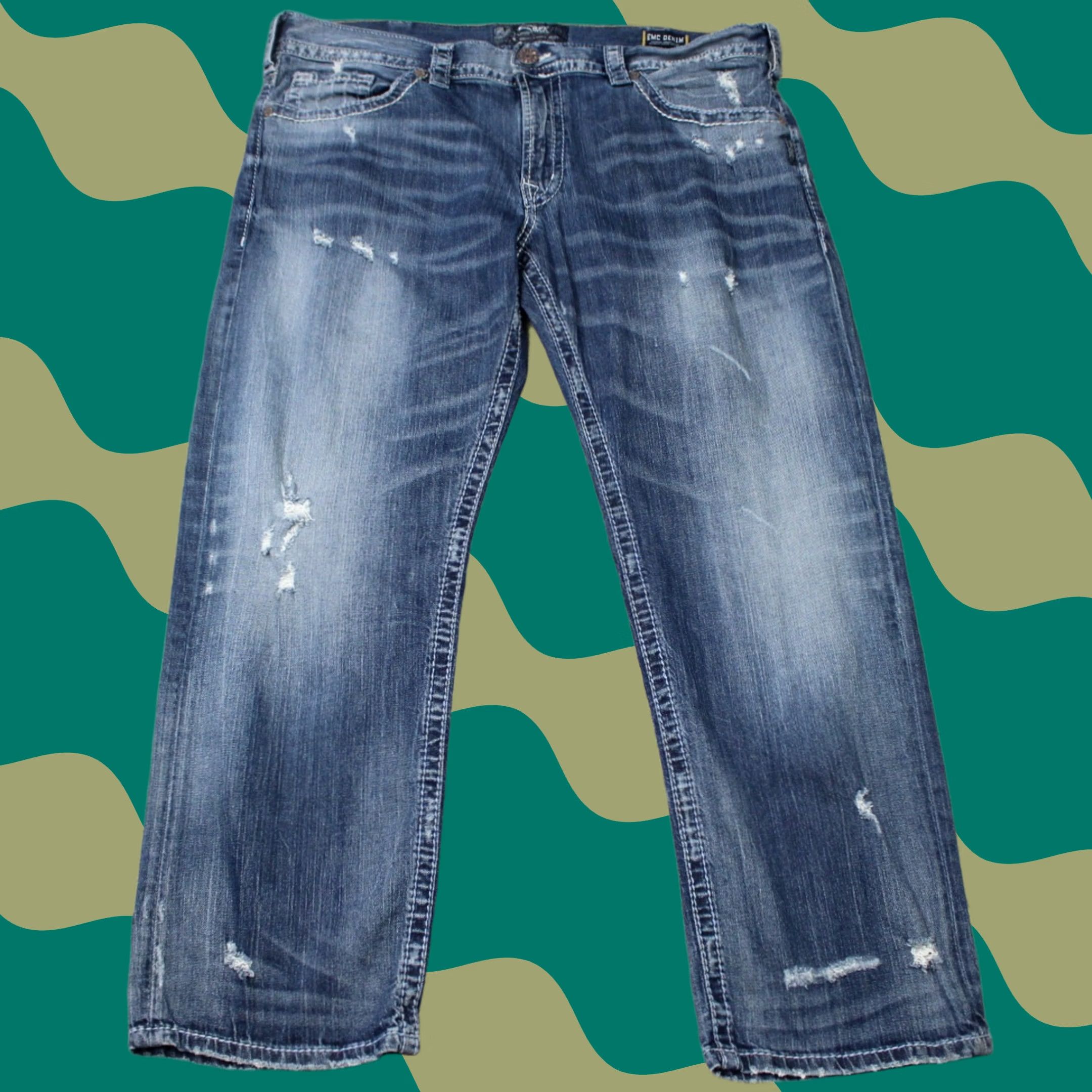 Silver Jeans Co. Silver Jeans Eddie Mens 40x30 Blue Distressed Relaxed Stretch Denim Jeans Size 40 Mens Size US 40 / EU 56 - 1 Thumbnail