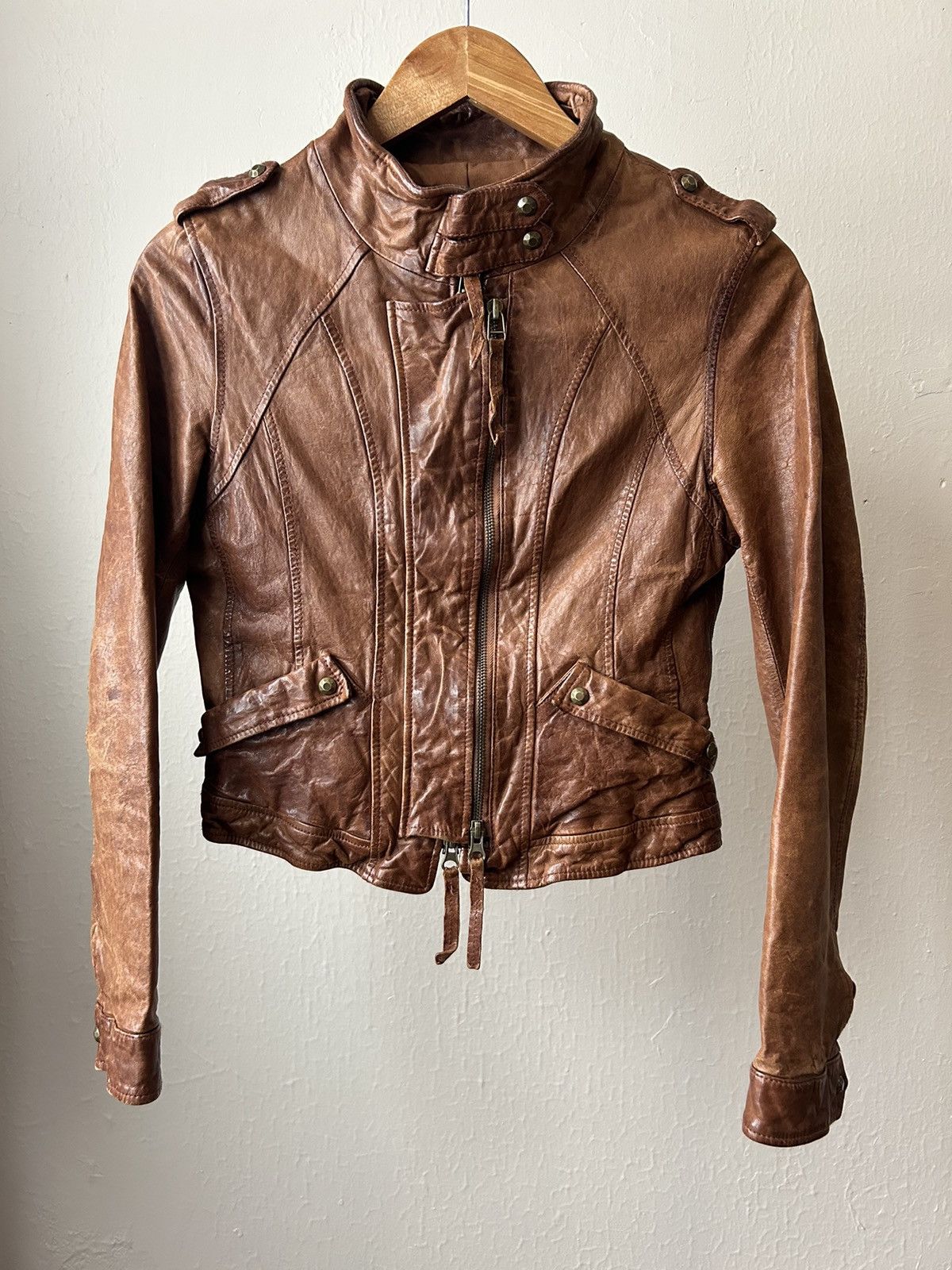 image of If Six Was Nine G.o.a Double Zip Cropped Leather Jacket in Brown, Women's