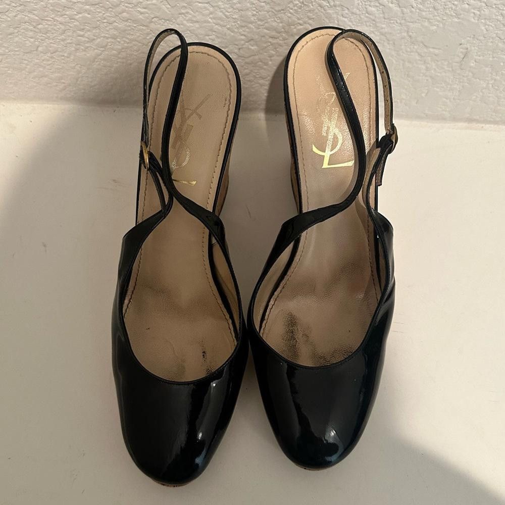 Yves Saint Laurent Yves Saint Laurent Black Patent Slingback Cork Wedge 40 Size US 9 / IT 39 - 3 Thumbnail