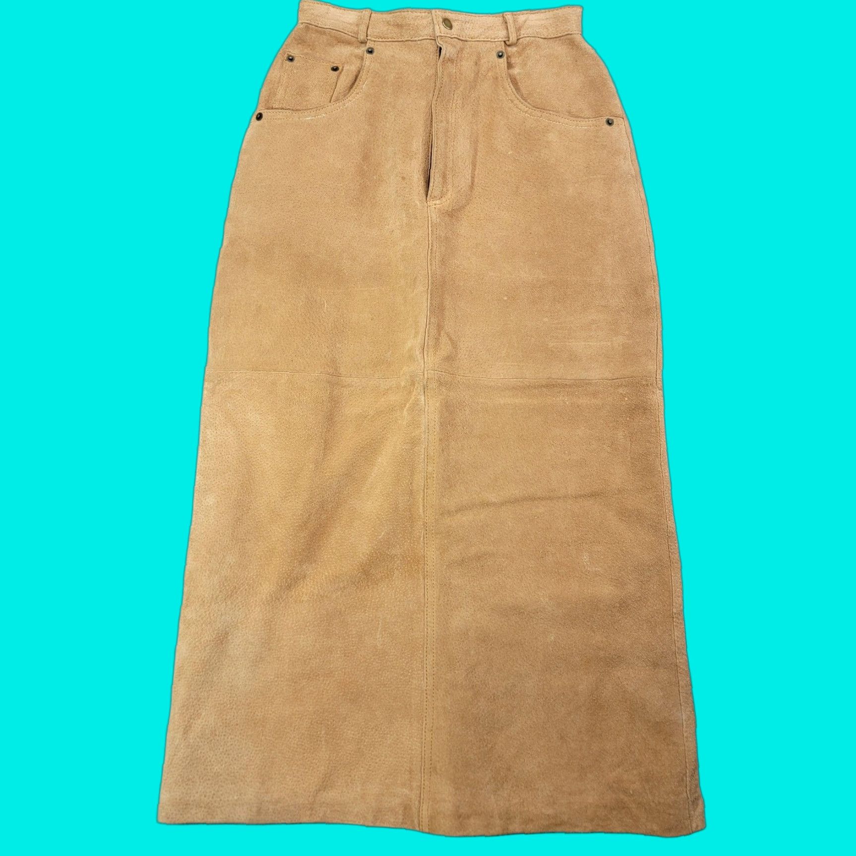 Vintage Venezia Leather Suede Skirt Womens Size 10 Tan Maxi Lined Back Vent Western Lane Bryant Size 32" / US 10 / IT 46 - 1 Thumbnail