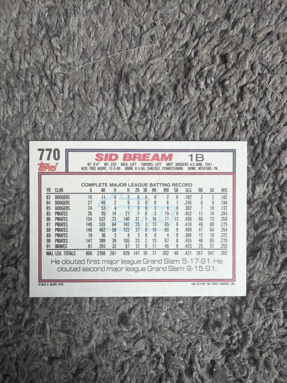 MLB 1992 Topps #770 Sid Bream Card Size ONE SIZE - 2 Thumbnail