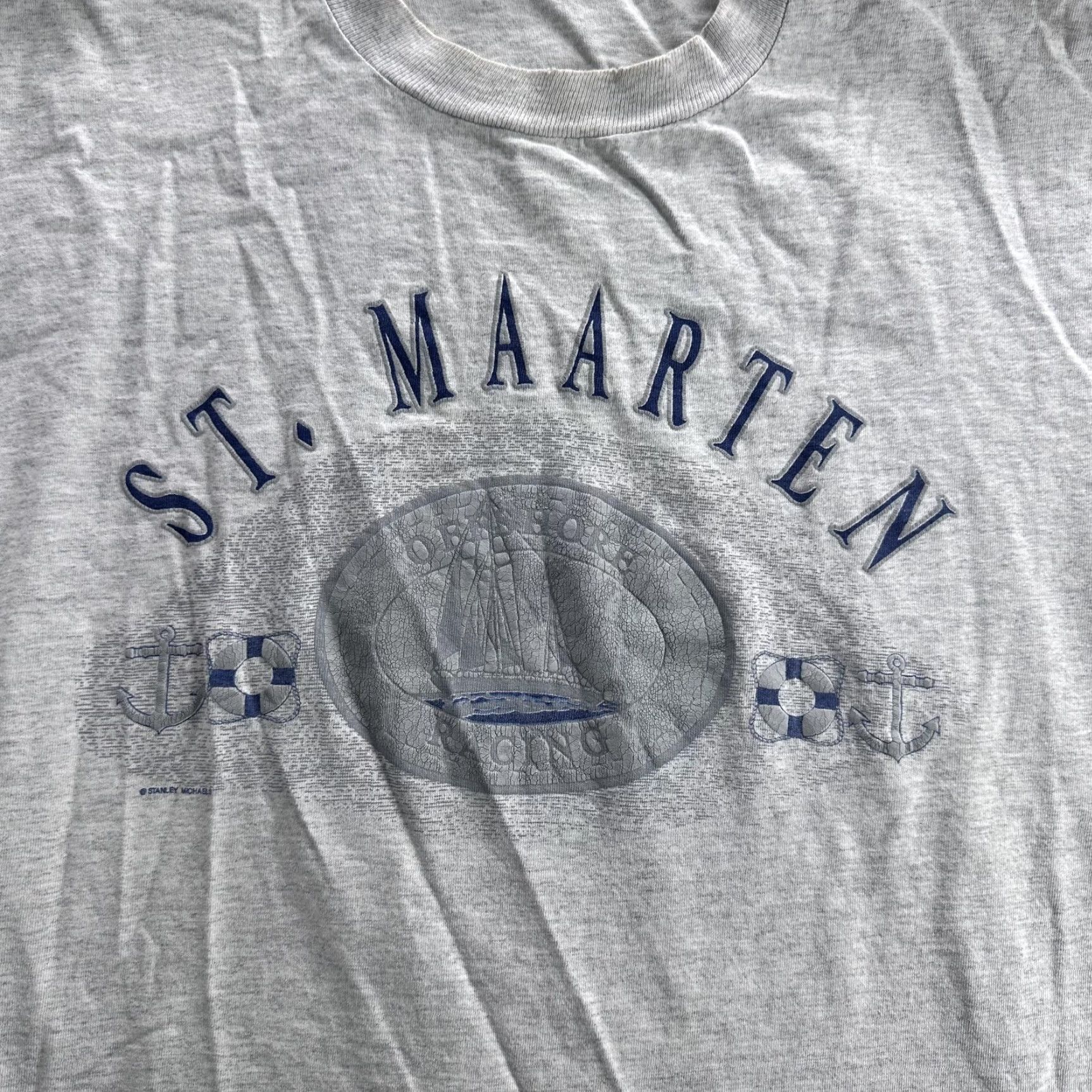 Vintage St. Maarten Shirt Mens XL Gray Made in USA Nautical Anchors Sailboat Crew Neck T-Shirt Graphic Print Preshrunk Cotton Ocean Travel Art Theme Size US XL / EU 56 / 4 - 2 Thumbnail