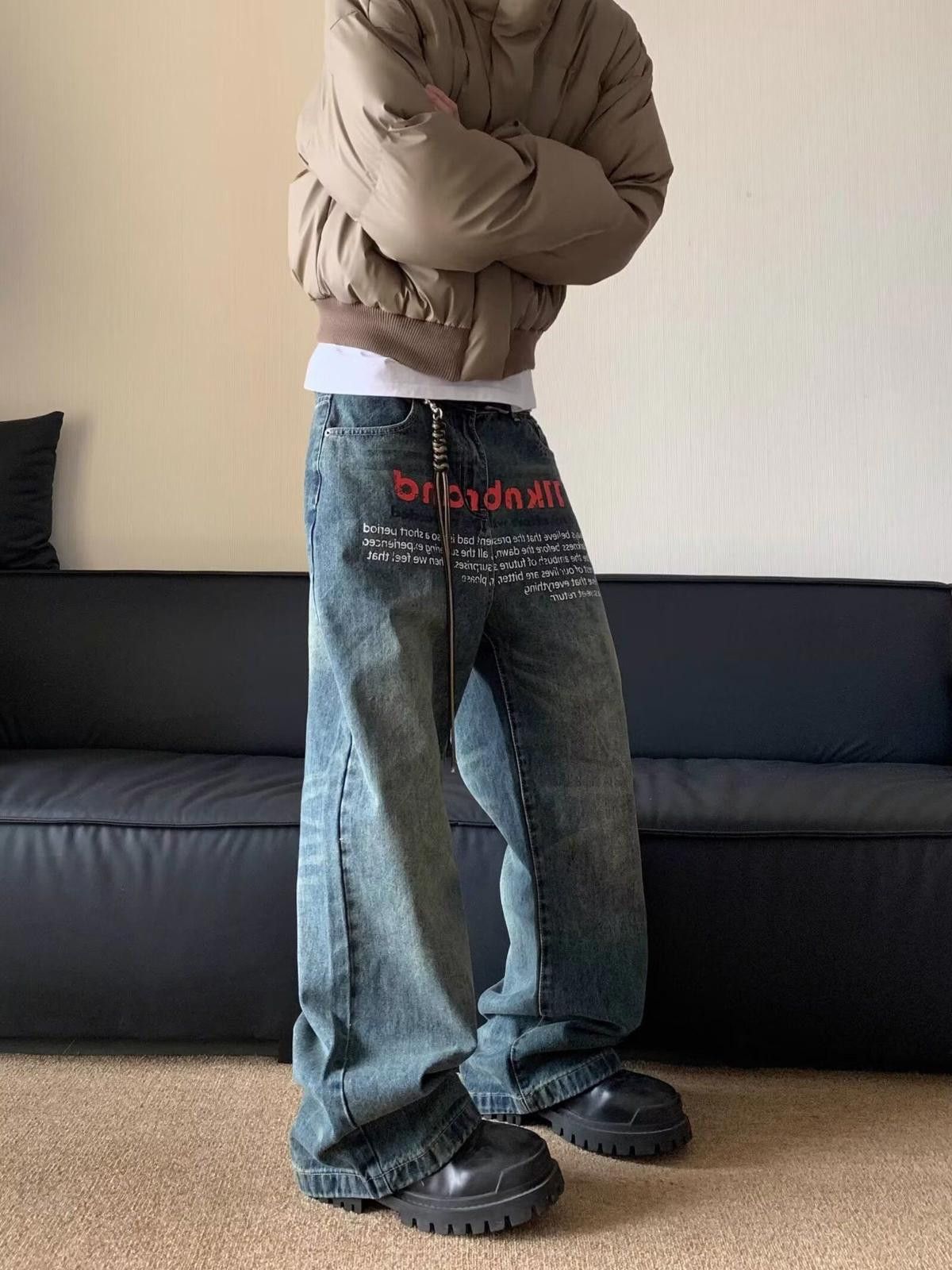 Japanese Brand Letters Distressed Retro Loose Straight Wide Leg Jeans Size US 30 / EU 46 - 6 Thumbnail