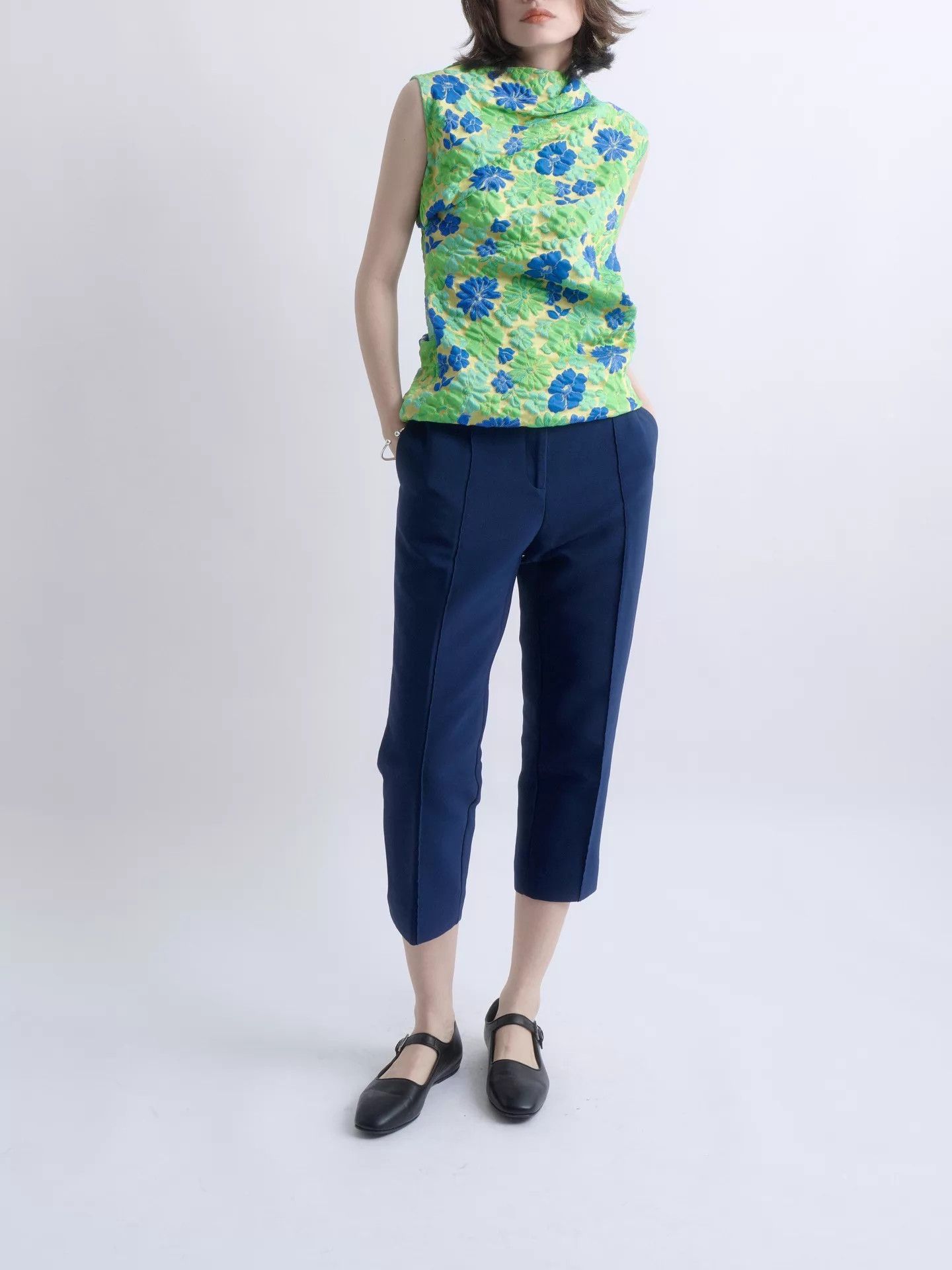 Jil Sander JIL SANDER 18SS Green-Blue Floral Jacquard Asym Twisted Top Size XXS / US 00 / IT 34 - 1 Thumbnail