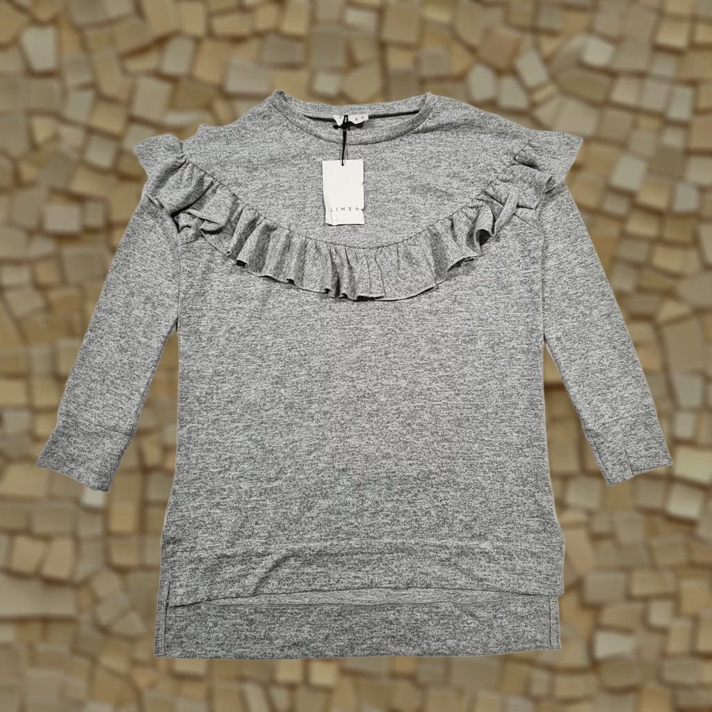 Vintage Linea Womens T Shirt Grey 10 UK Long Sleeves Stretch Frilled Top Size L / US 10 / IT 46 - 1 Thumbnail