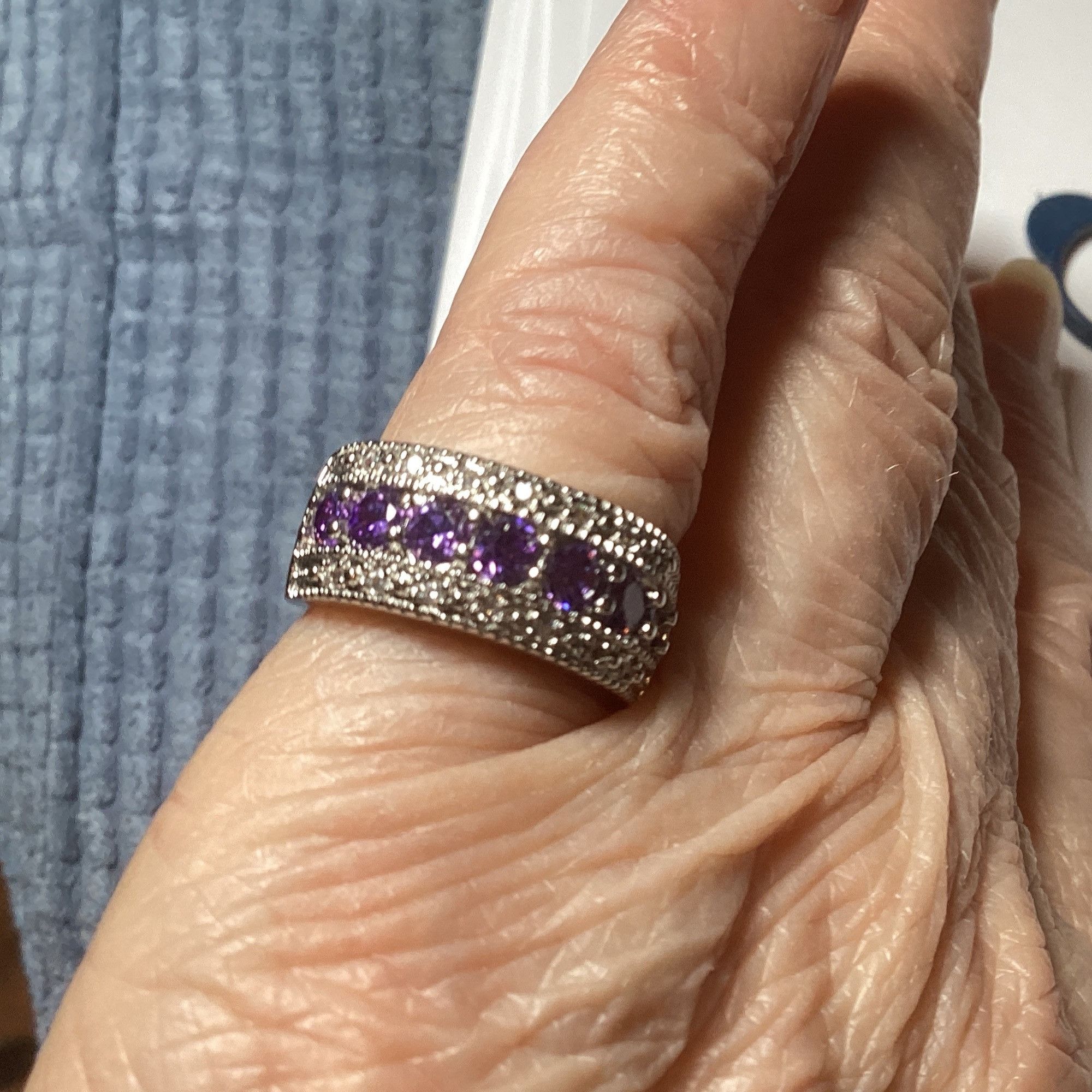 Other Sterling 925 Silver Wide Band Ring With Seven Amethyst Gemst Size ONE SIZE - 4 Thumbnail
