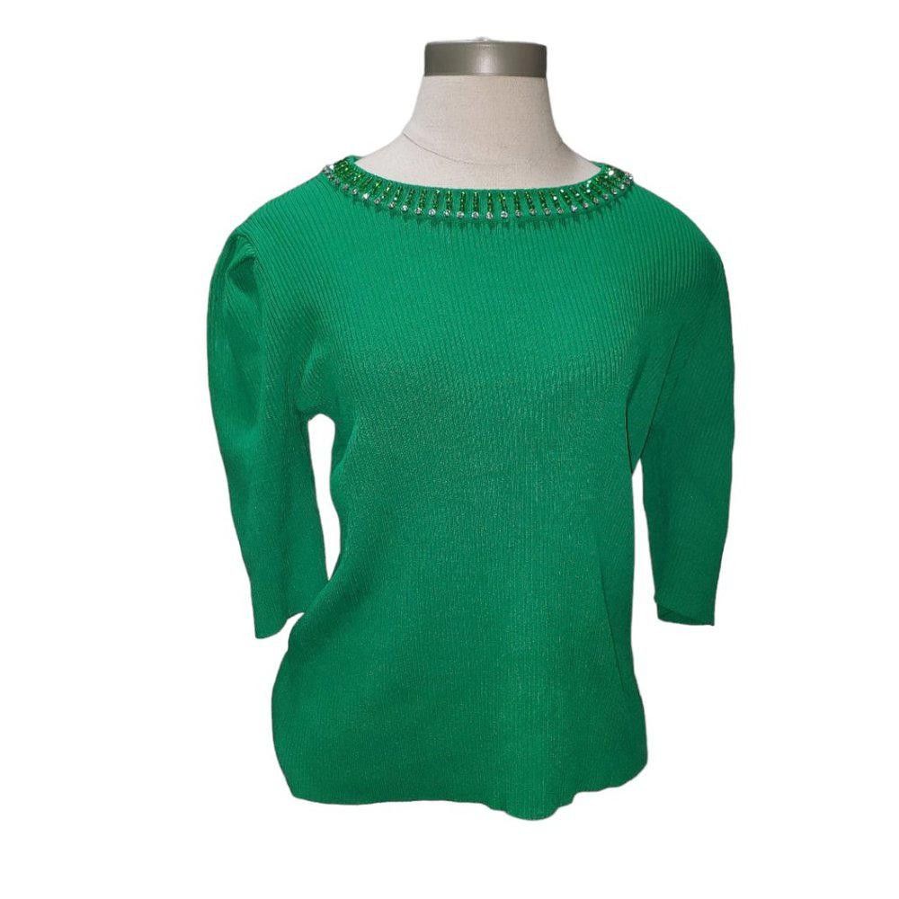 Designer CT478 Nanette Lepore Green Rhinestone Collared Sweater M Size M / US 6-8 / IT 42-44 - 1 Thumbnail