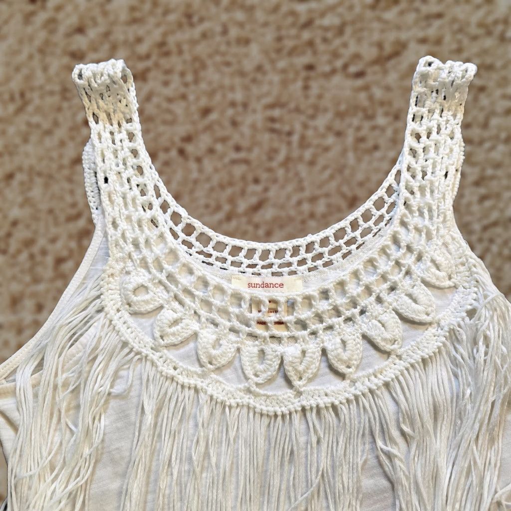 Vintage Sundance Top Womens Size S White Fringe Crochet Trim Slub Knit Capsule Boho Shirt Size S / US 4 / IT 40 - 1 Thumbnail
