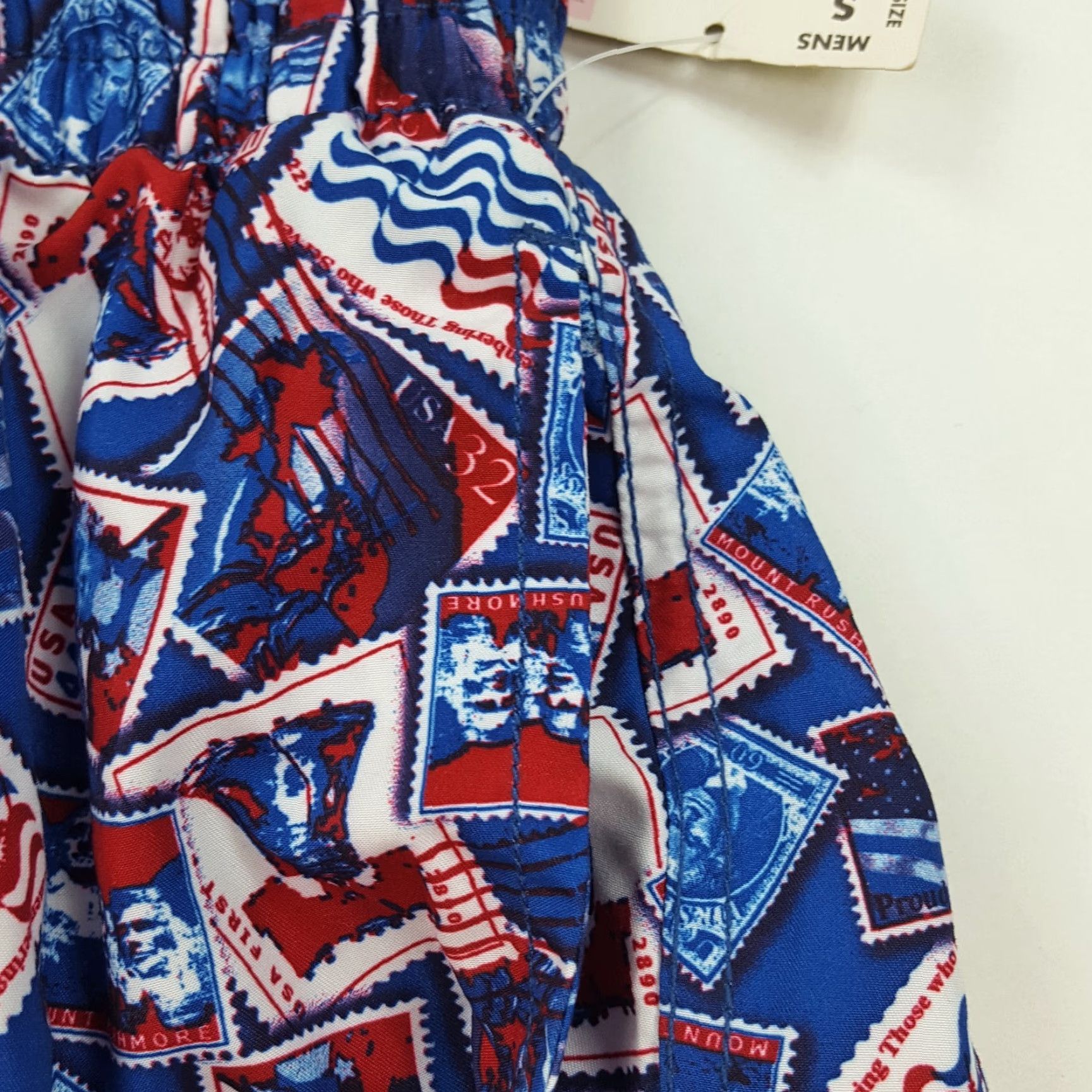 Vintage American Flag Patriotic Stamp Retro Print Mens Board Shorts Swimming Trunks Size S Blue USA Pattern All Over Print Islander Bottoms Swim Shorts Size US 29 - 3 Thumbnail