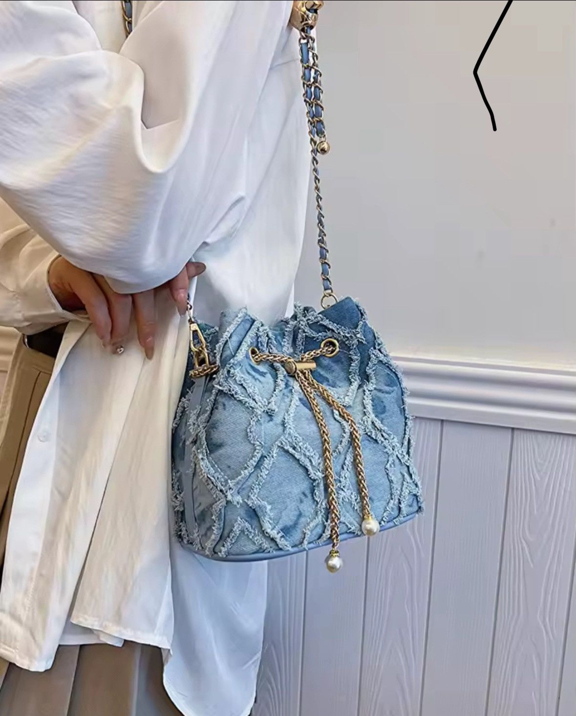 Japanese Brand Vintage Denim Bucket Bag Retro Style Light Blue Ripped Edge Size ONE SIZE - 2 Thumbnail