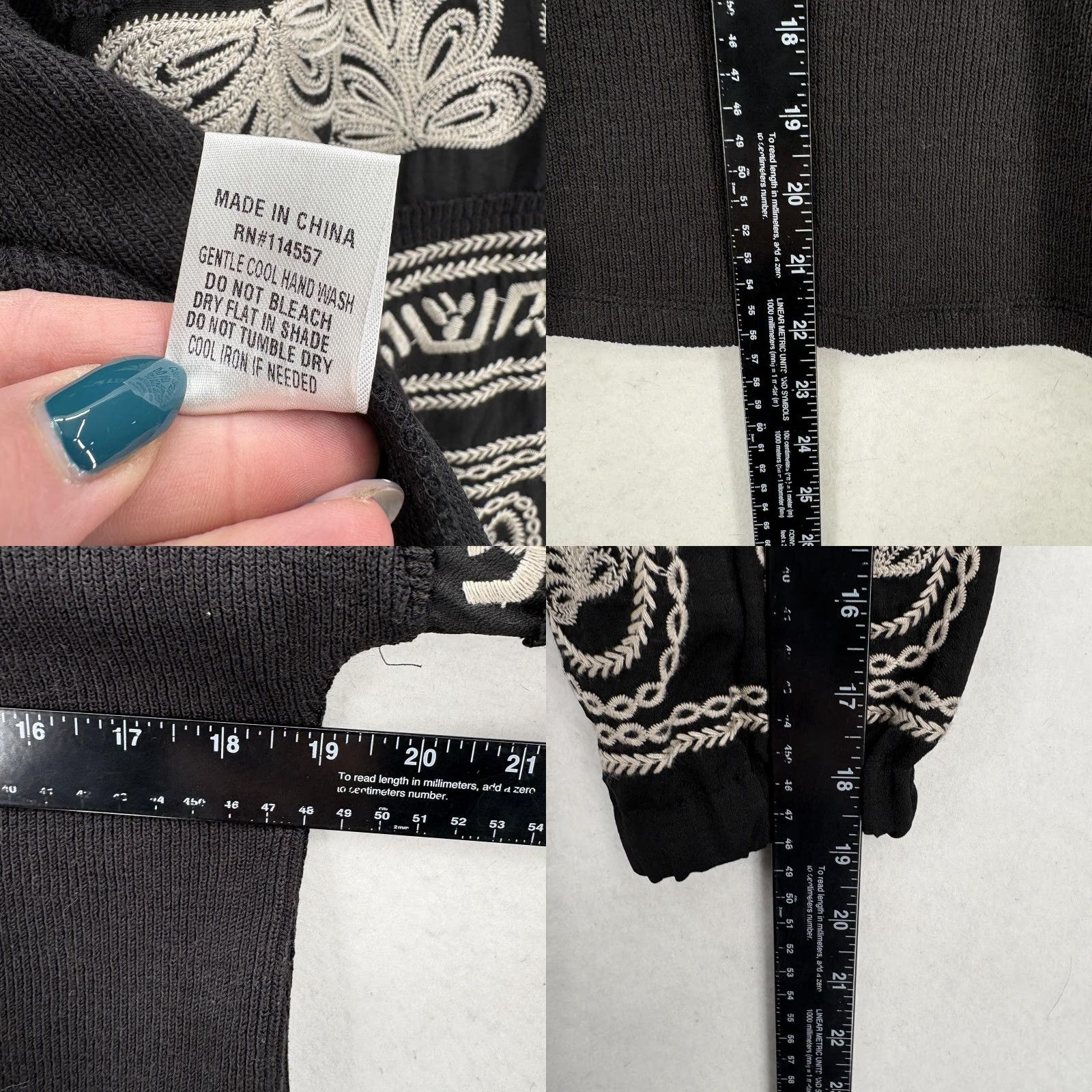 Vintage THML Blouse Womens XS Black Rib Knit Embroidered Balloon Sleeve Boho Paisley Top Size XS / US 0-2 / IT 36-38 - 8 Thumbnail