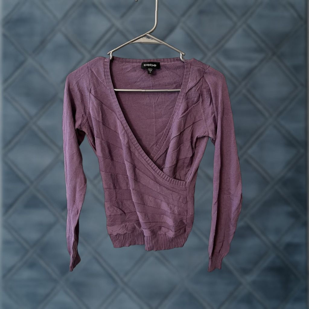 Bebe VINTAGE bebe Logo Surplice Silk Blend Wrap Ribbed Knit Sweater M Purple Logo 90s Womens Pullover V-Neck Long Sleeve Satin Shine Knit Shirt? Size M / US 6-8 / IT 42-44 - 1 Thumbnail
