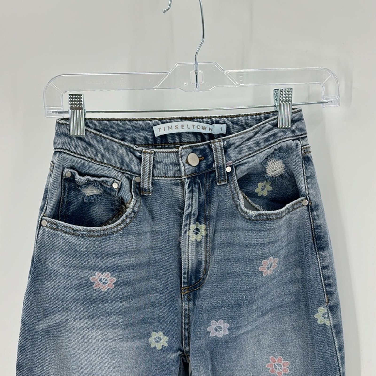 Other Tinseltown Floral-Peace-Print Wide-Leg Jeans deconstructed Size 24" / US 00 / IT 34 - 3 Thumbnail