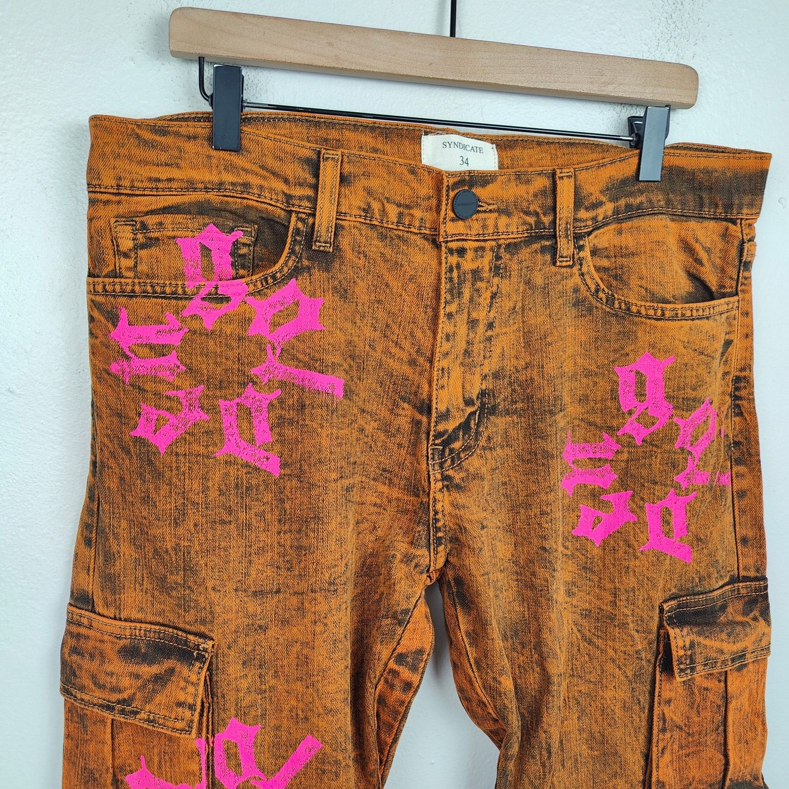 Other Golden Syndicate Cargo Jeans Mens 34 NWOT Orange Acid Wash Size US 34 / EU 50 - 2 Thumbnail