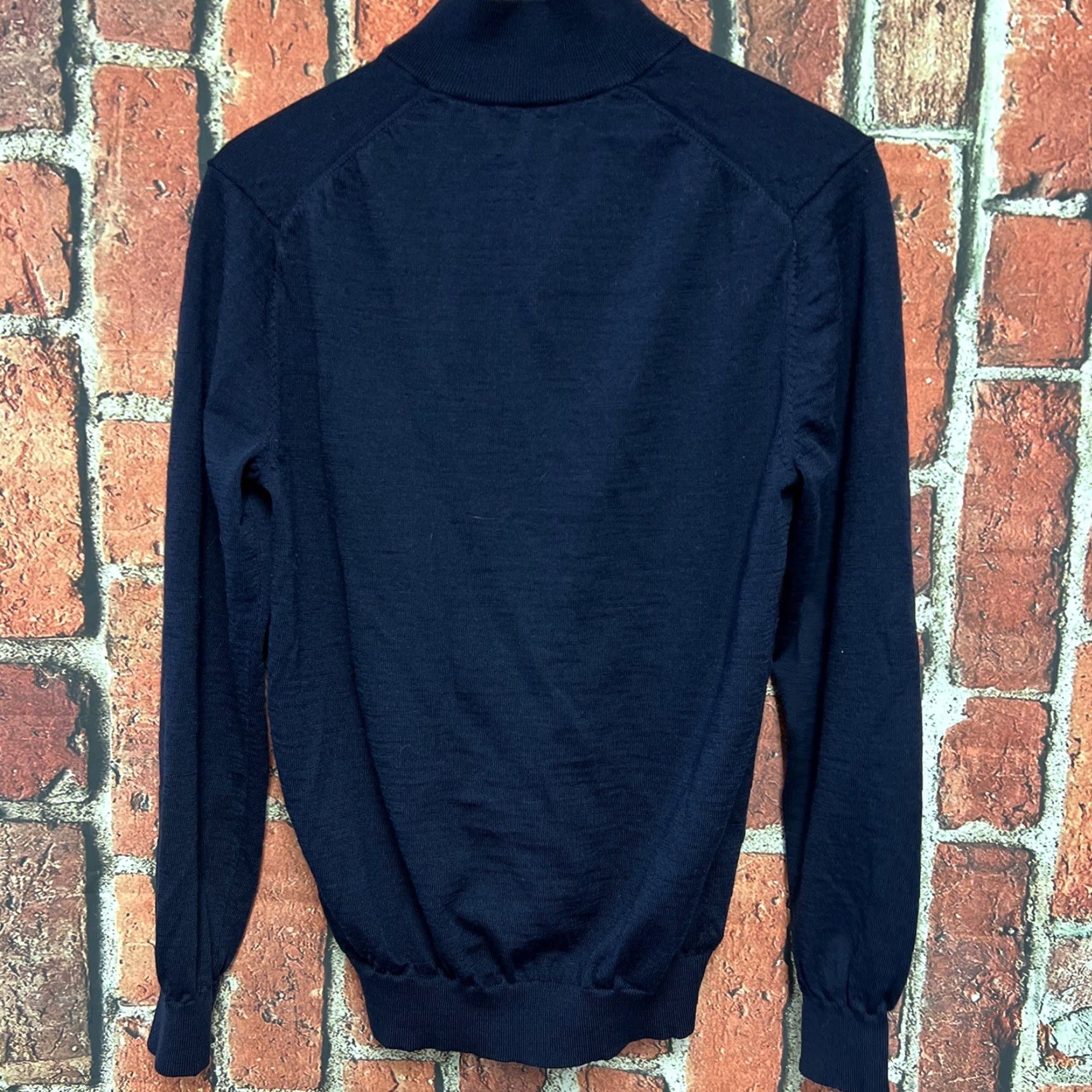Vintage Galeries Lafayette Pullover Sweater Merino Wool Mens Blue XL Slim Knit Zipper 1/4 Zip Collared 26" Long Sleeve Size US XL / EU 56 / 4 - 3 Thumbnail
