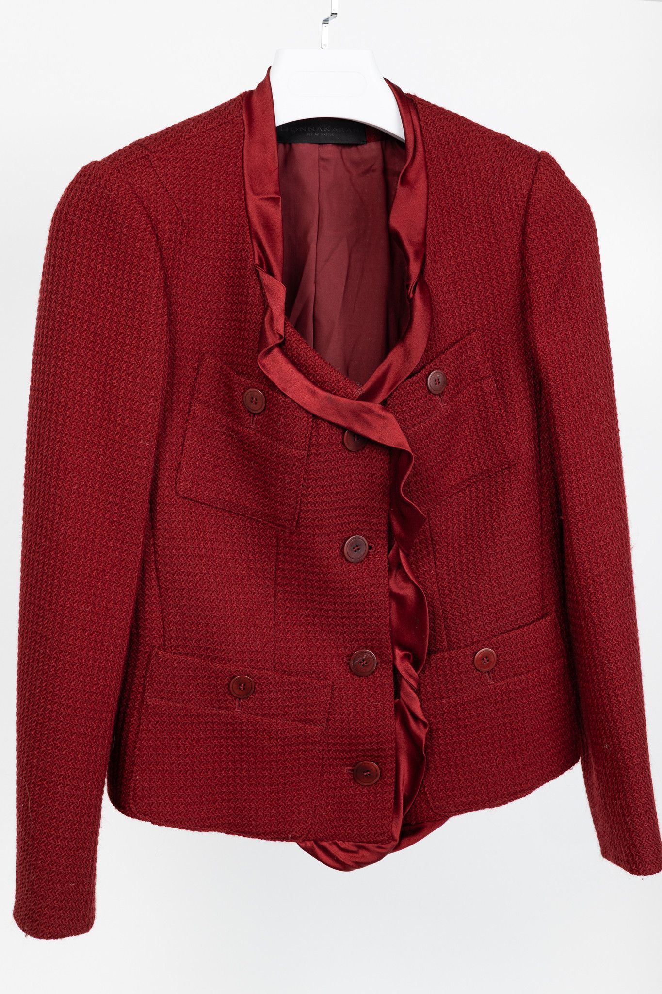 Donna Karan Donna Karan New York Red Wool Tweed Ruffle-Trim Blazer Size L / US 10 / IT 46 - 3 Thumbnail