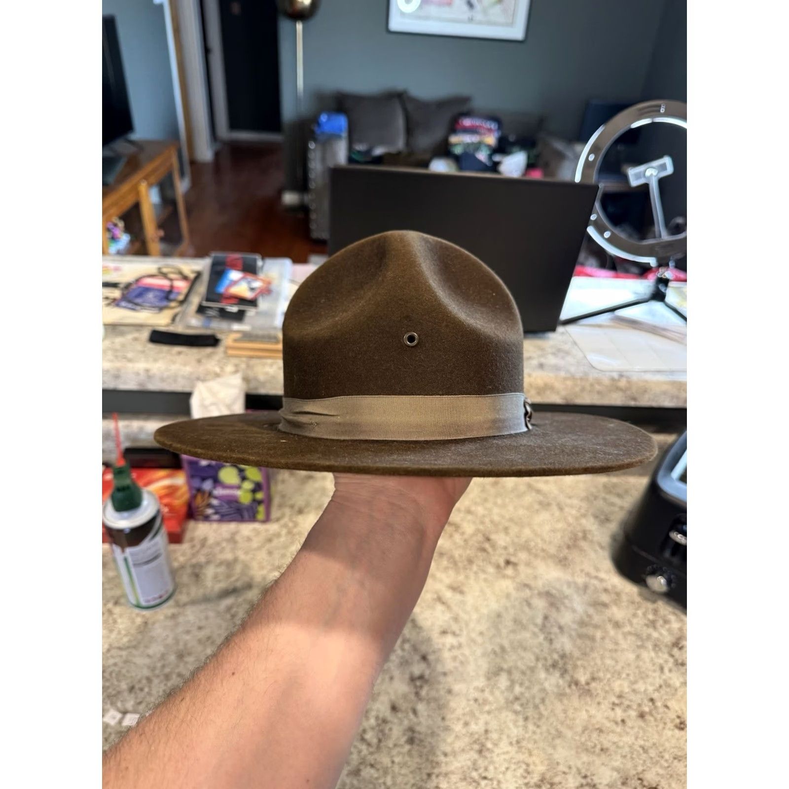 FELT VINTAGE Stratton Self Forming Drill Sergeant Instructor Wool Felt Hat 7 1/8 USA Size ONE SIZE - 3 Thumbnail